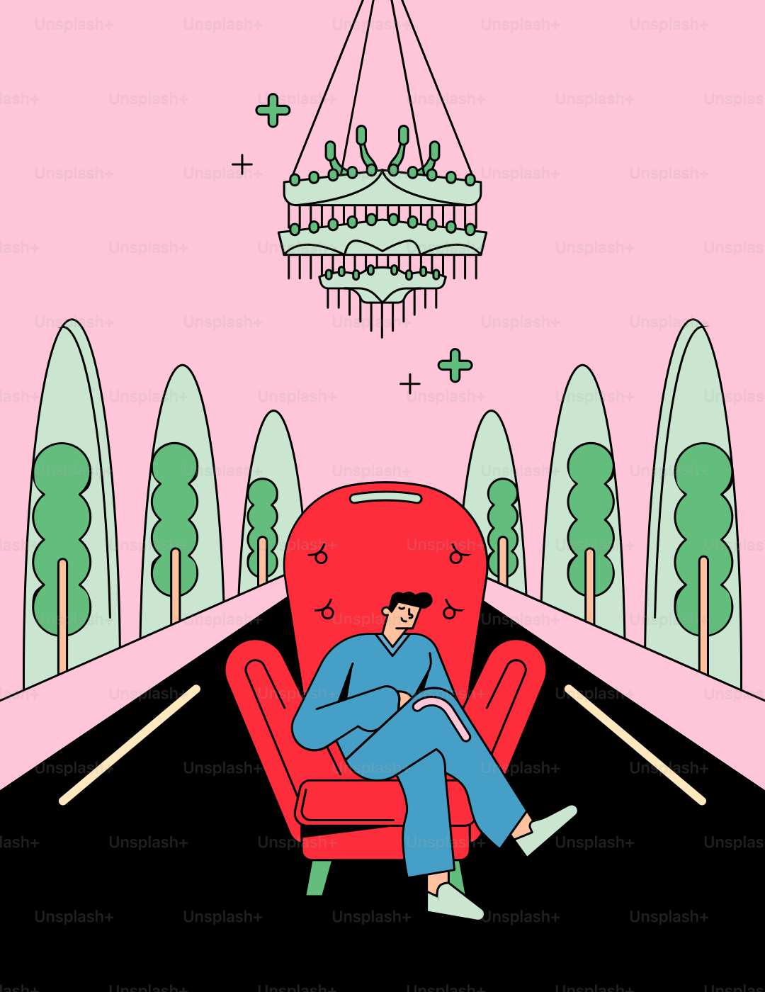 Homme assis dans un fauteuil rouge avec des arbres et un lustre.