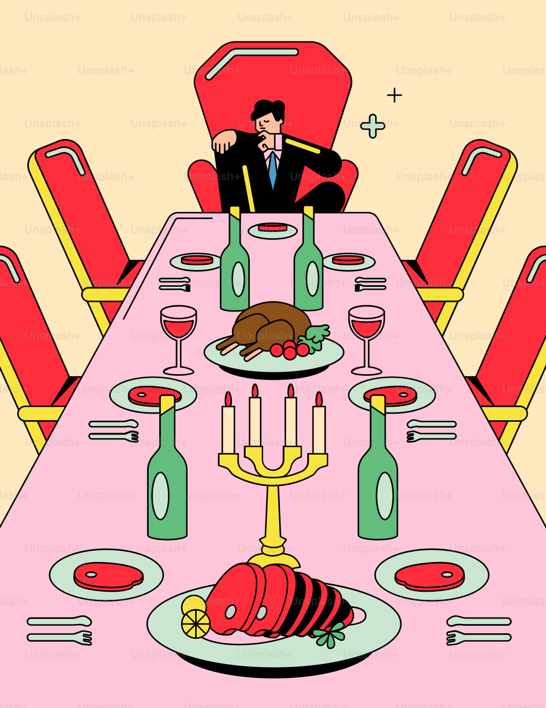 L'uomo siede a una tavola da pranzo apparecchiata in modo sontuoso.