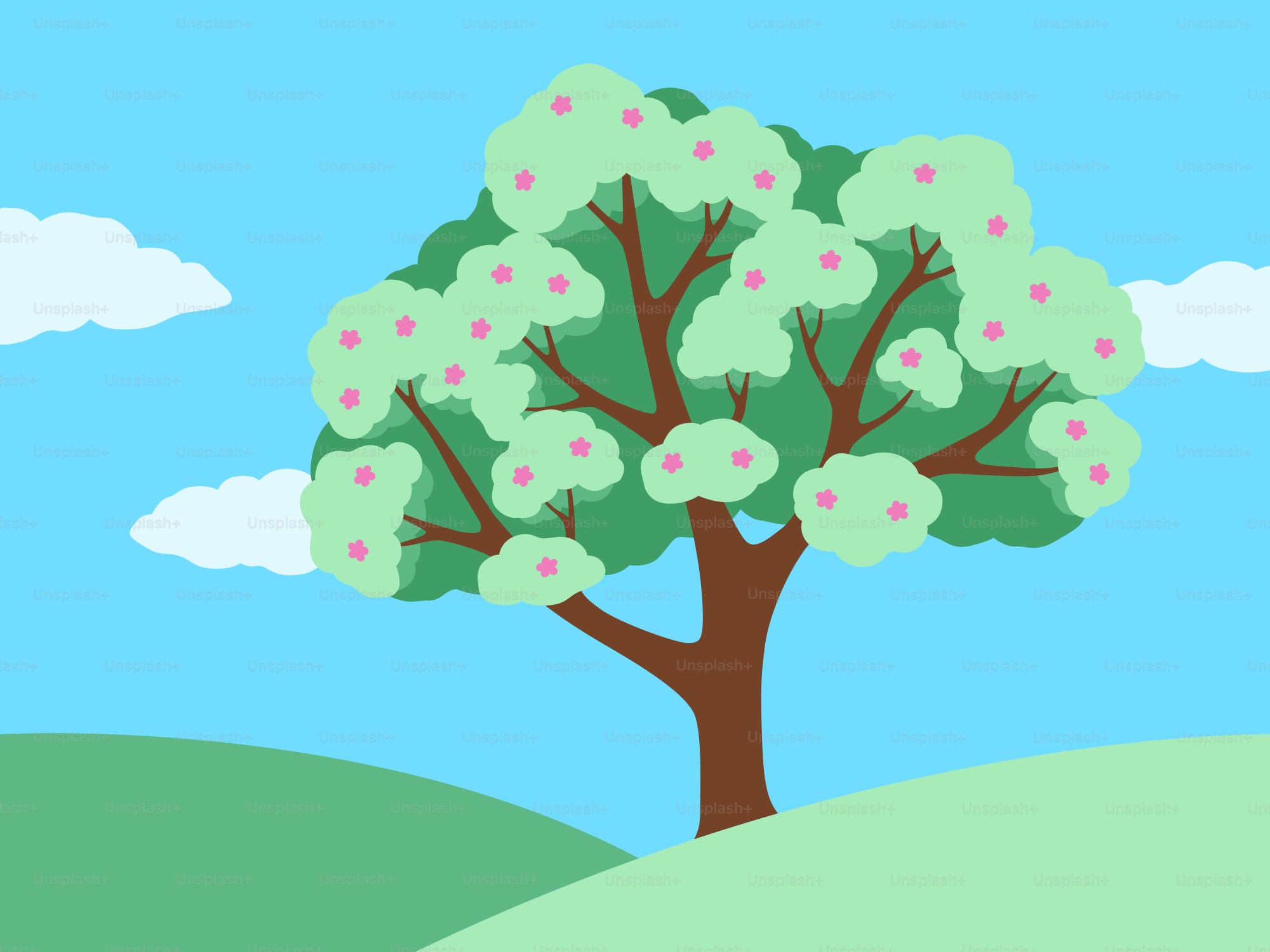 A stylized tree with pink blossoms on a hill.