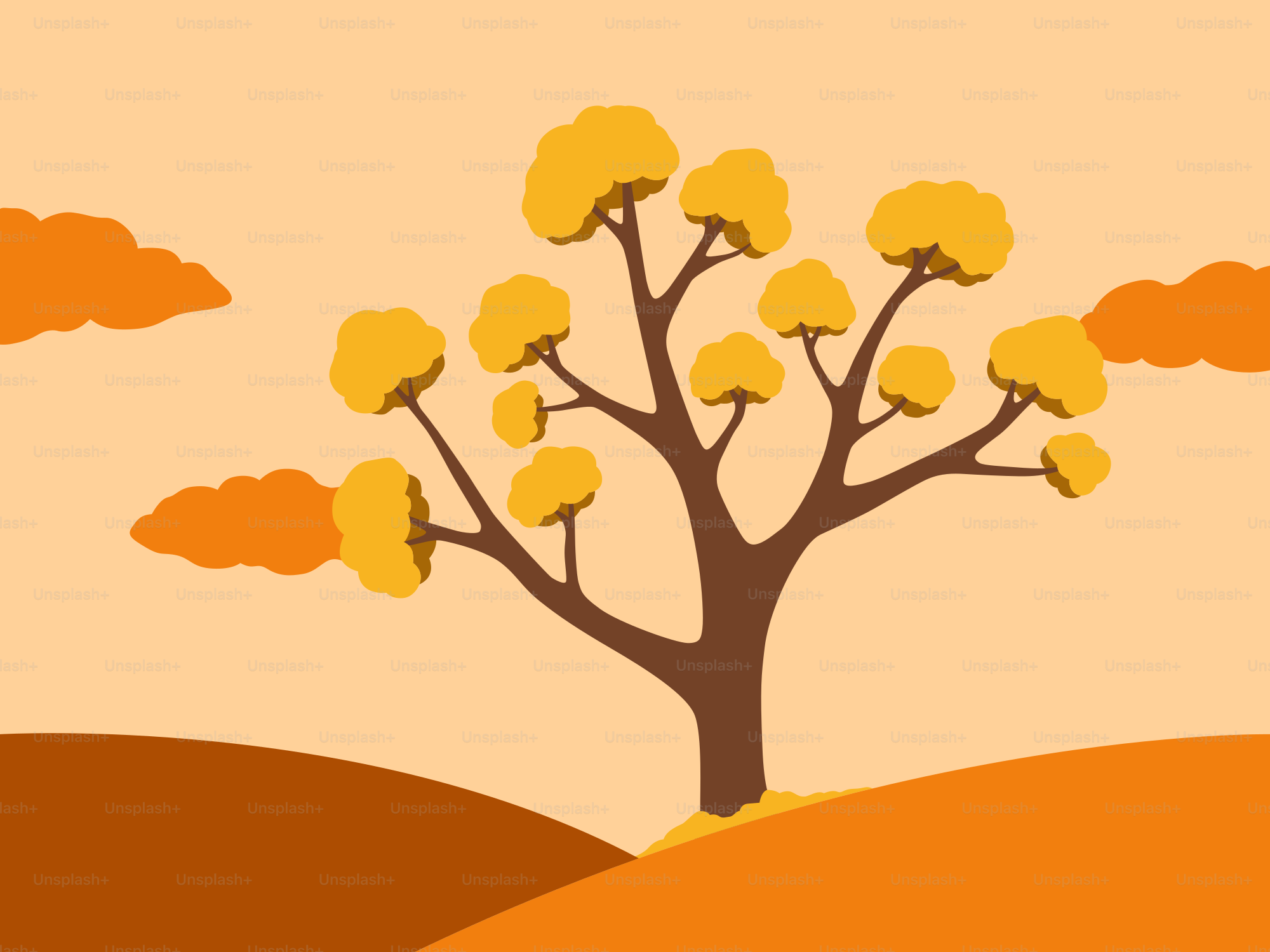 Stylized autumn tree with yellow leaves on rolling hills