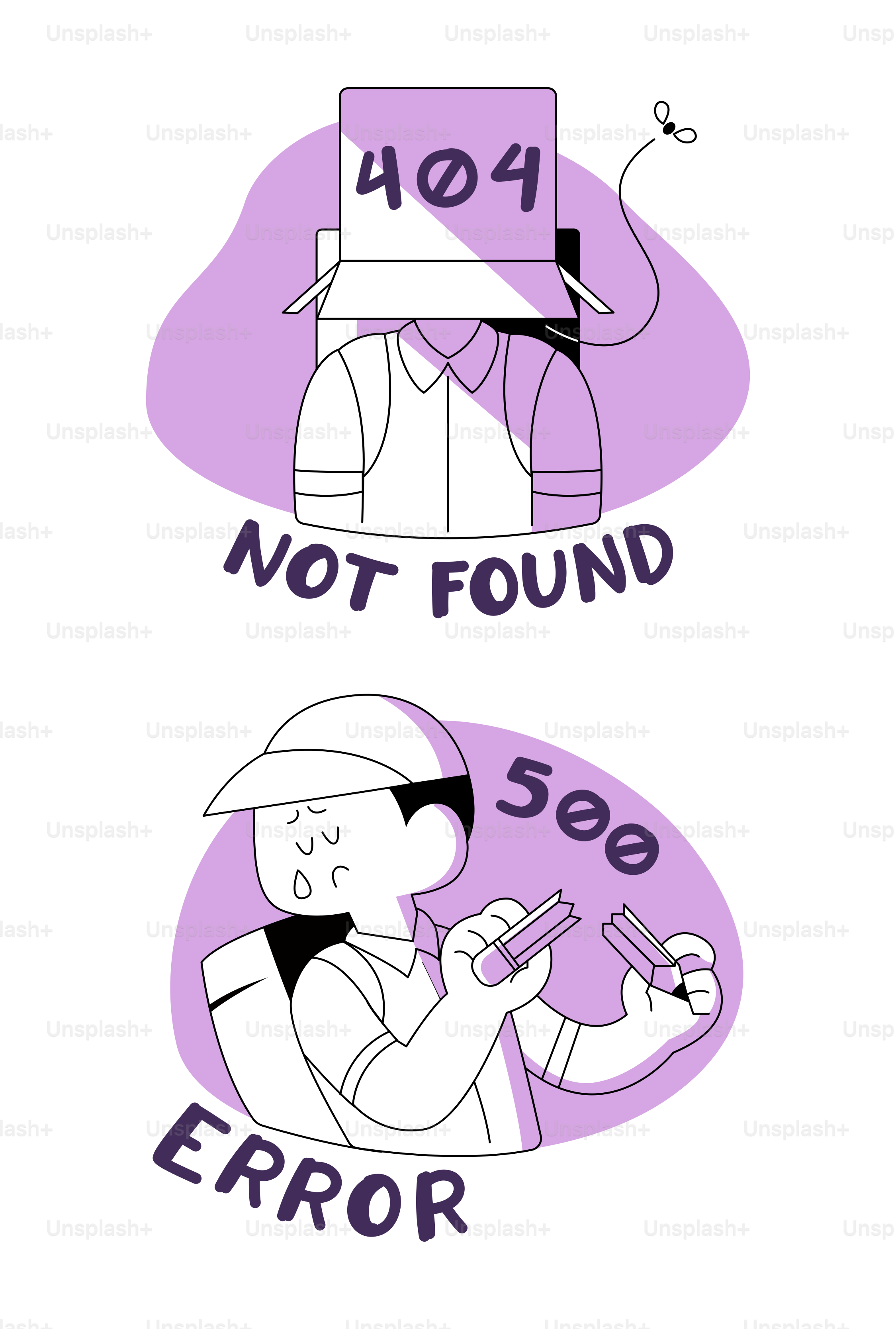 Zwei Illustrationen, die Fehlermeldungen mit Text darstellen.