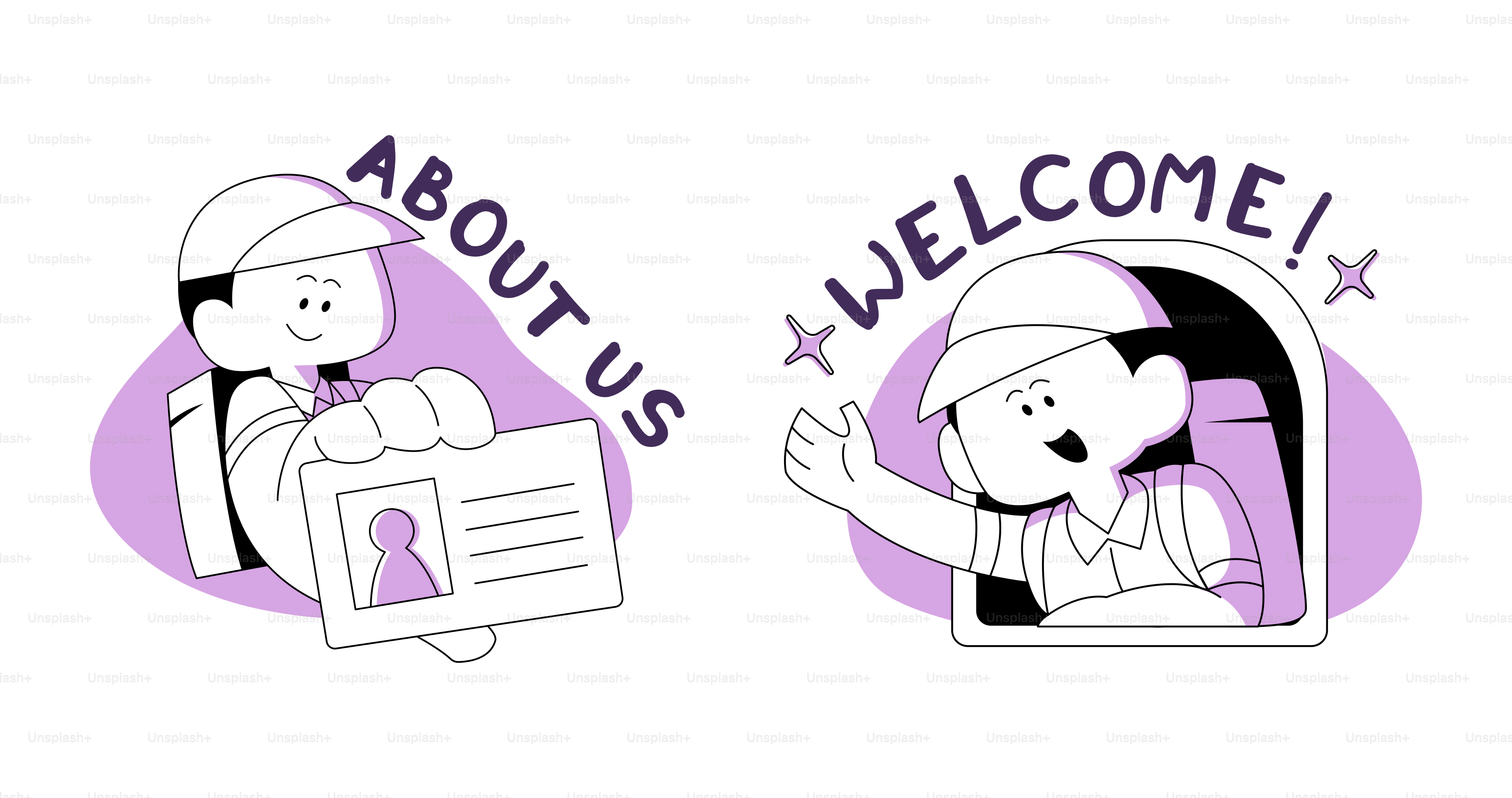 Two cartoon characters with text "about us" and "welcome!"