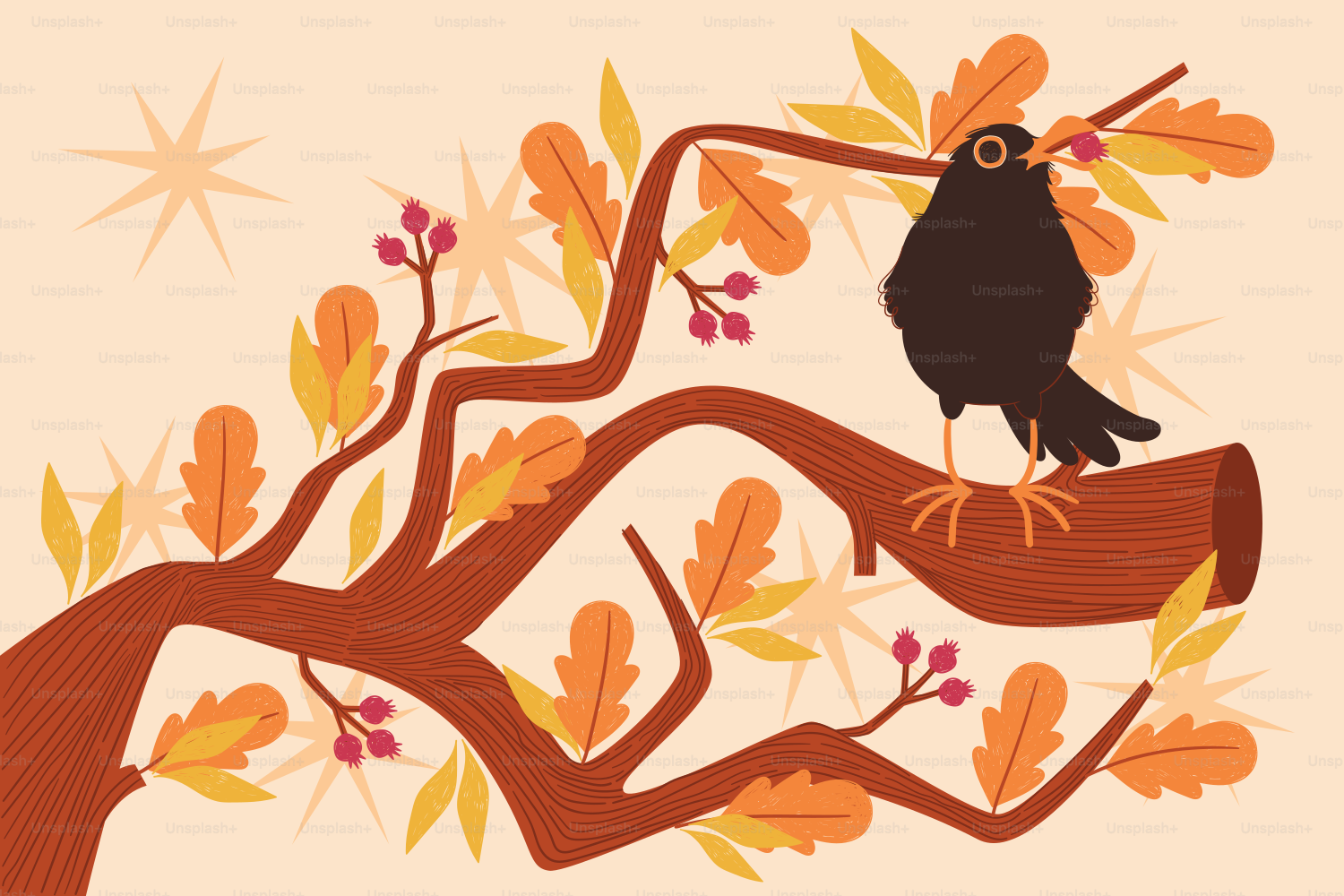 A blackbird rests on a tree branch with autumn leaves.