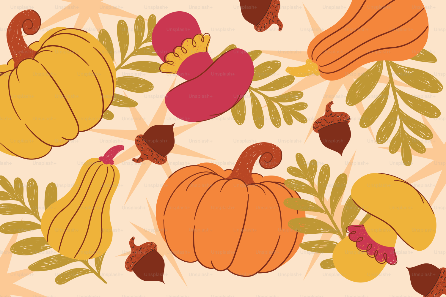 Herbsternte mit Kürbissen, Eicheln und Blättern