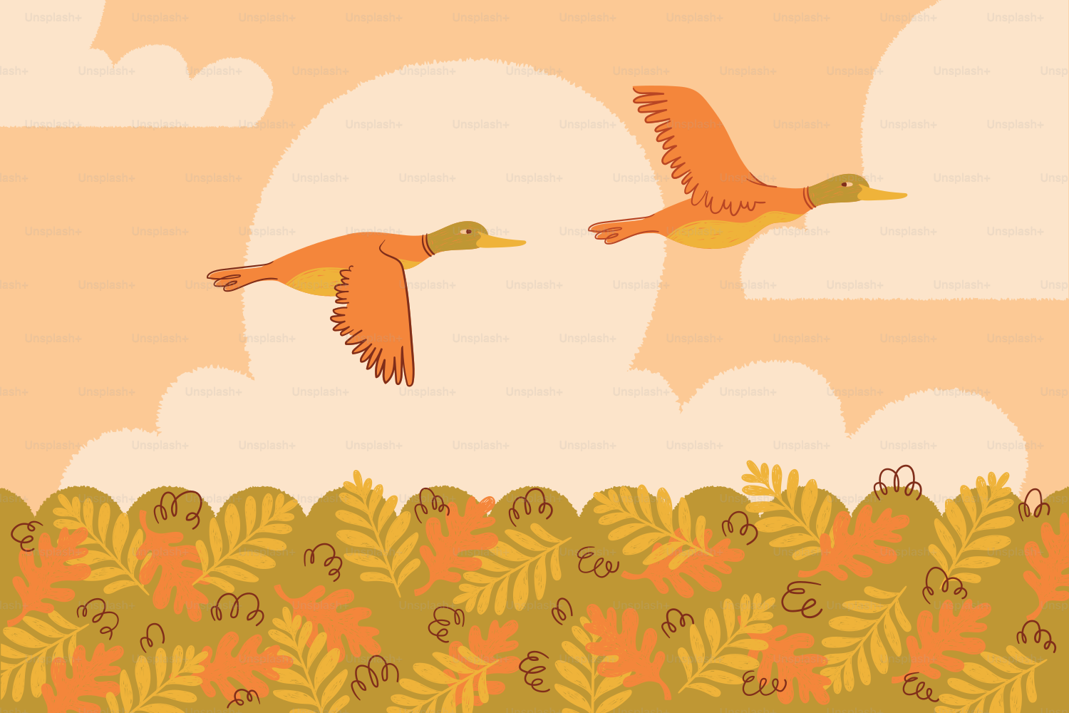 Two ducks flying over autumn foliage