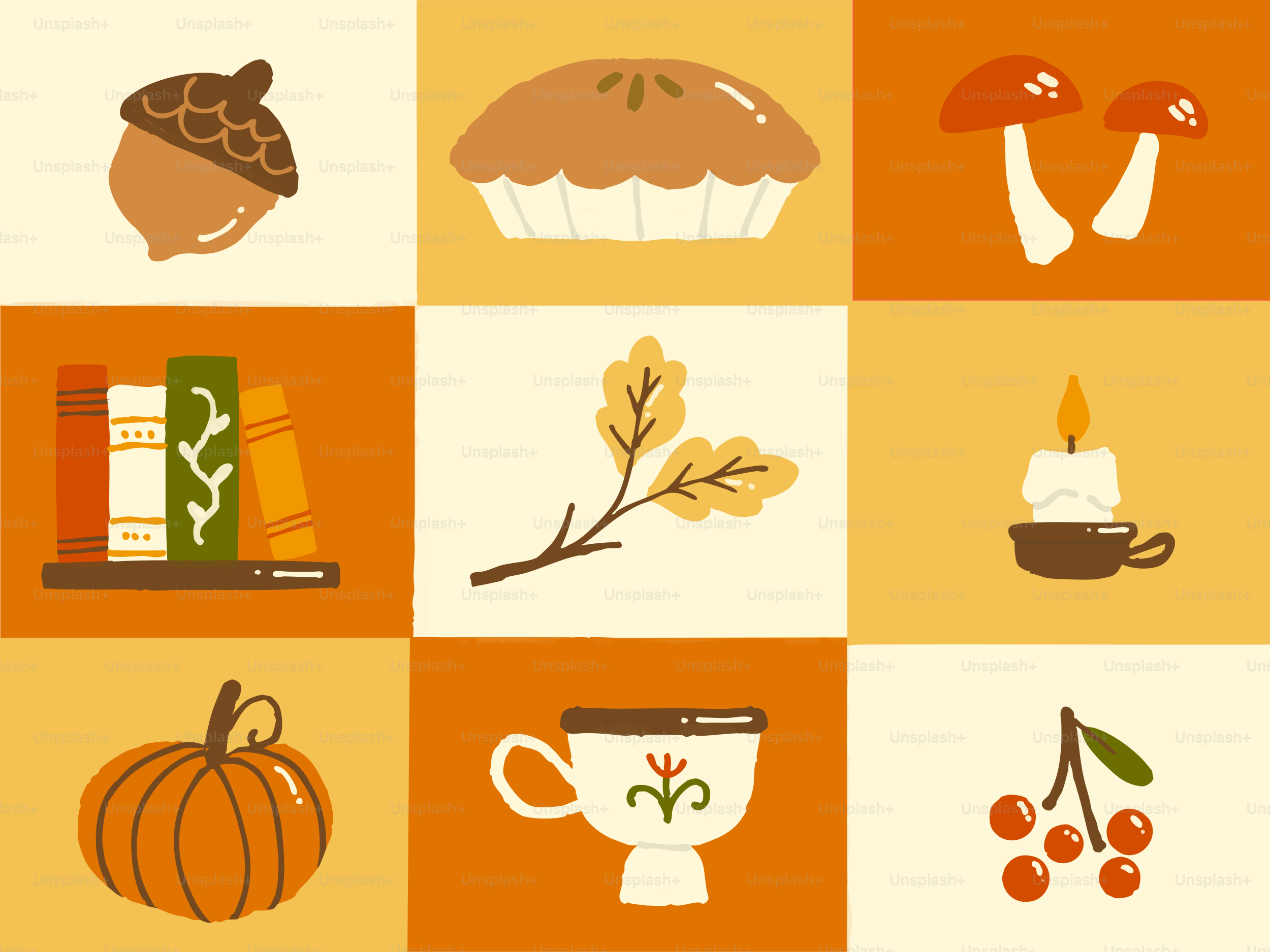 Herbstliche Ikonen wie Eicheln, Kuchen, Pilze, Bücher und Kürbis
