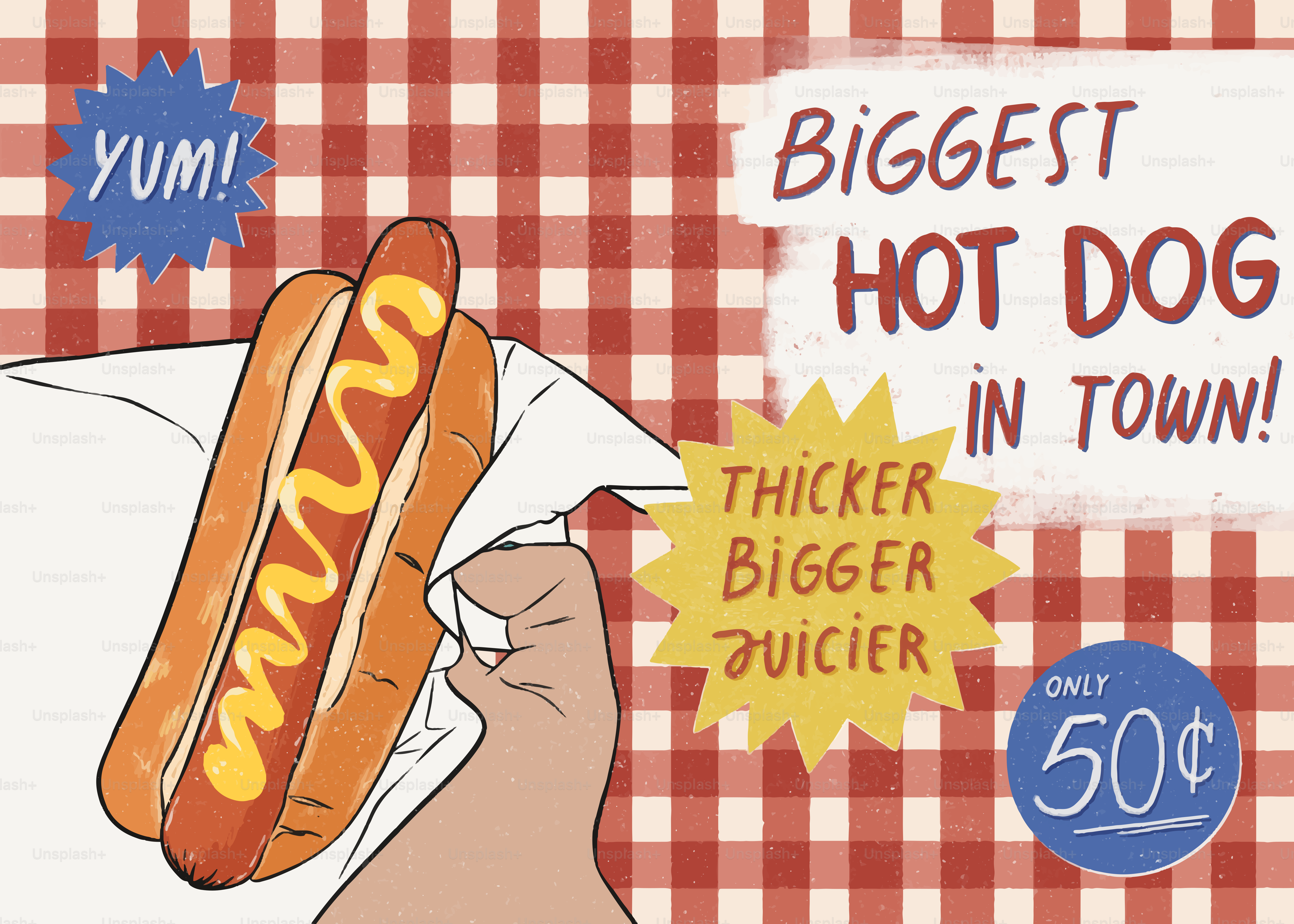 Hand holding a large hot dog with mustard