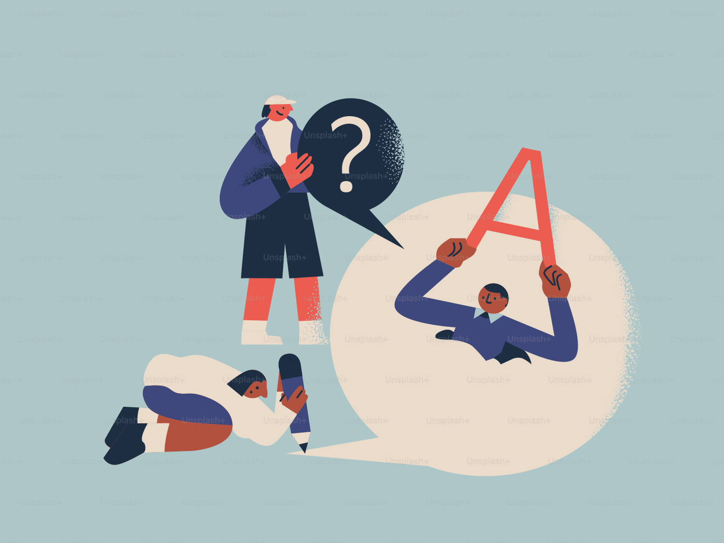 People interacting with question mark and letter a.