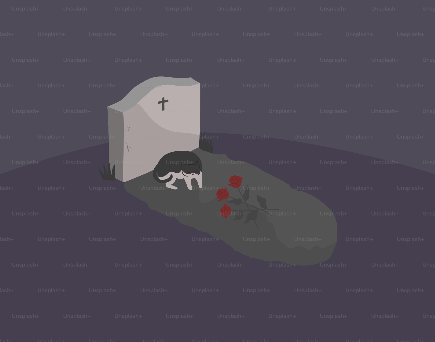 A dog sits by a grave with roses.