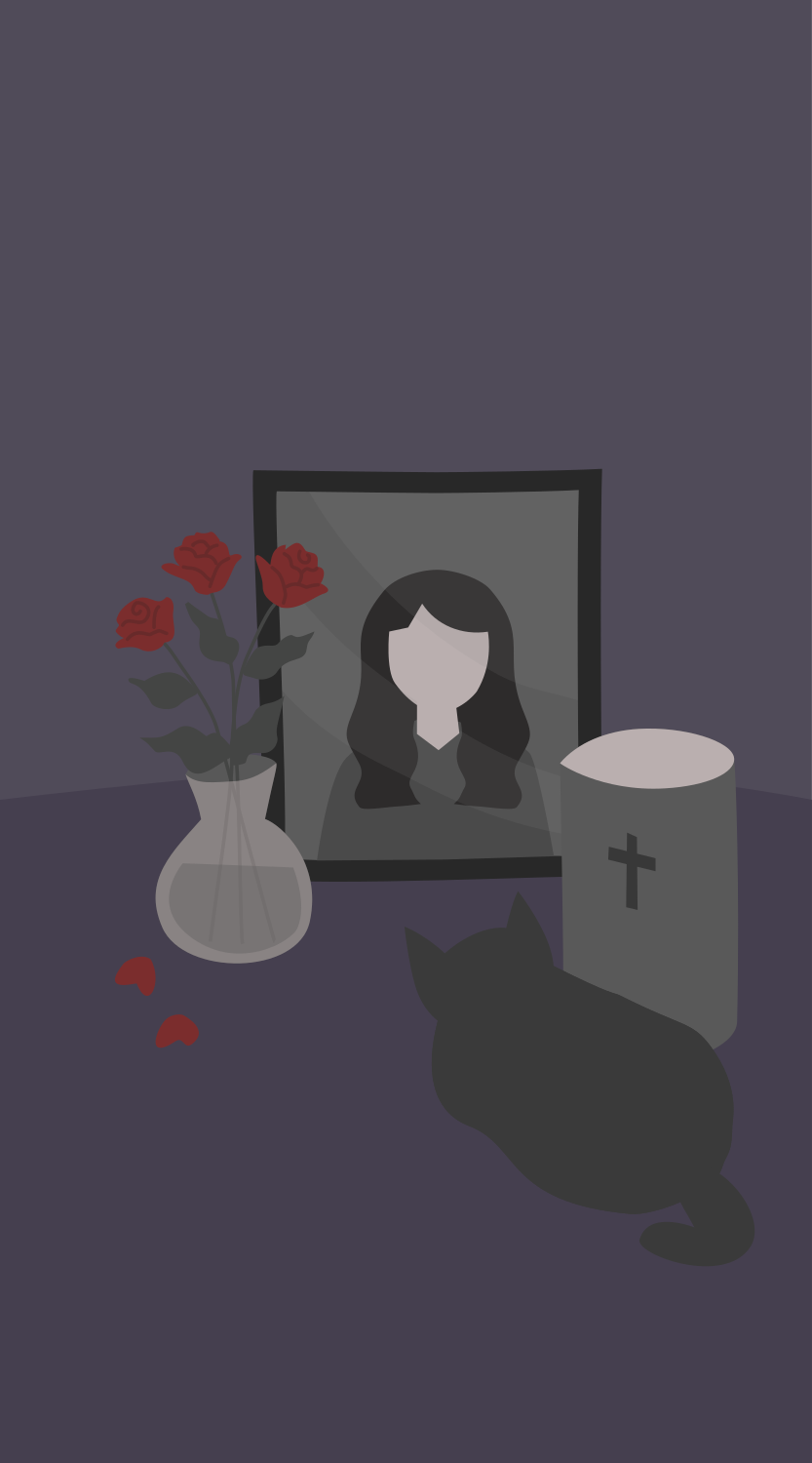 Memorial with portrait, roses, and a cat.