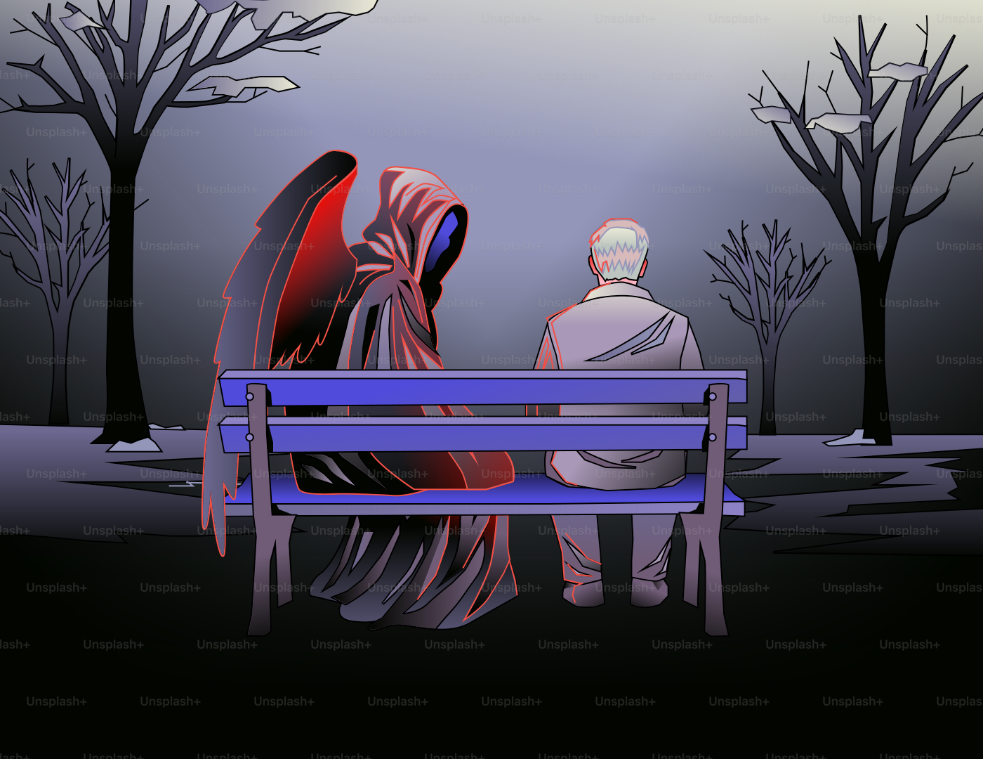 Grim reaper sits with man on park bench