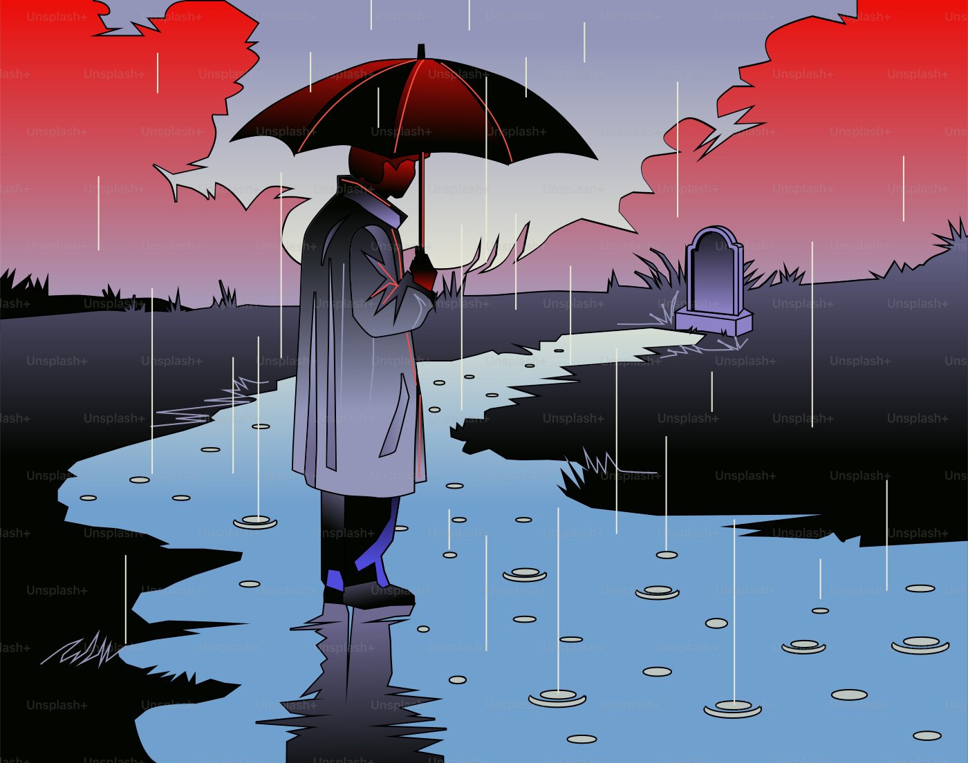 Homem com guarda-chuva fica ao lado da sepultura na chuva