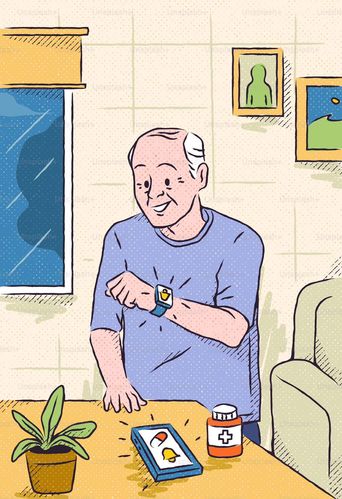 노인이 의료 경보로 스마트워치를 확인합니다.