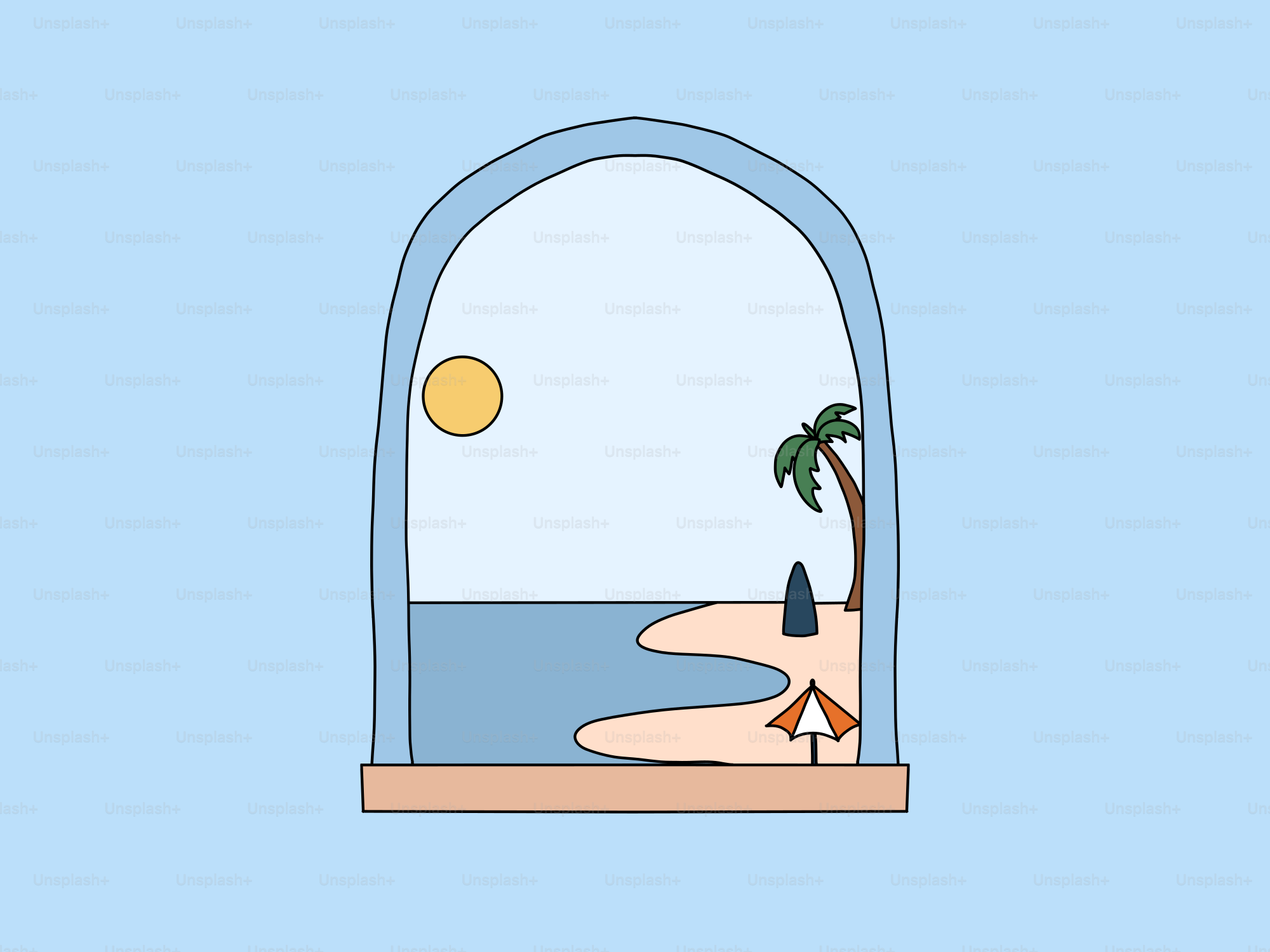 Beach scene viewed through an arched window