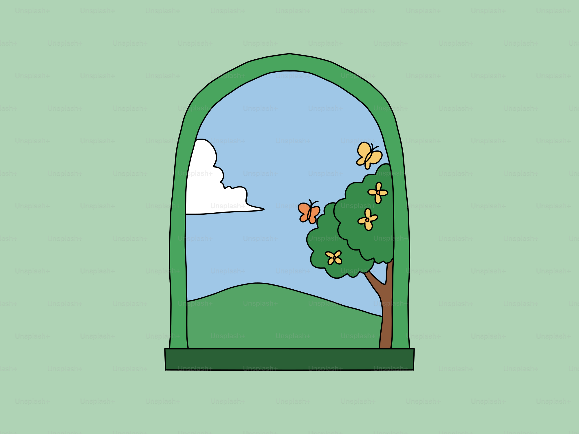 Vista da janela de uma árvore com borboletas e colinas rolantes.