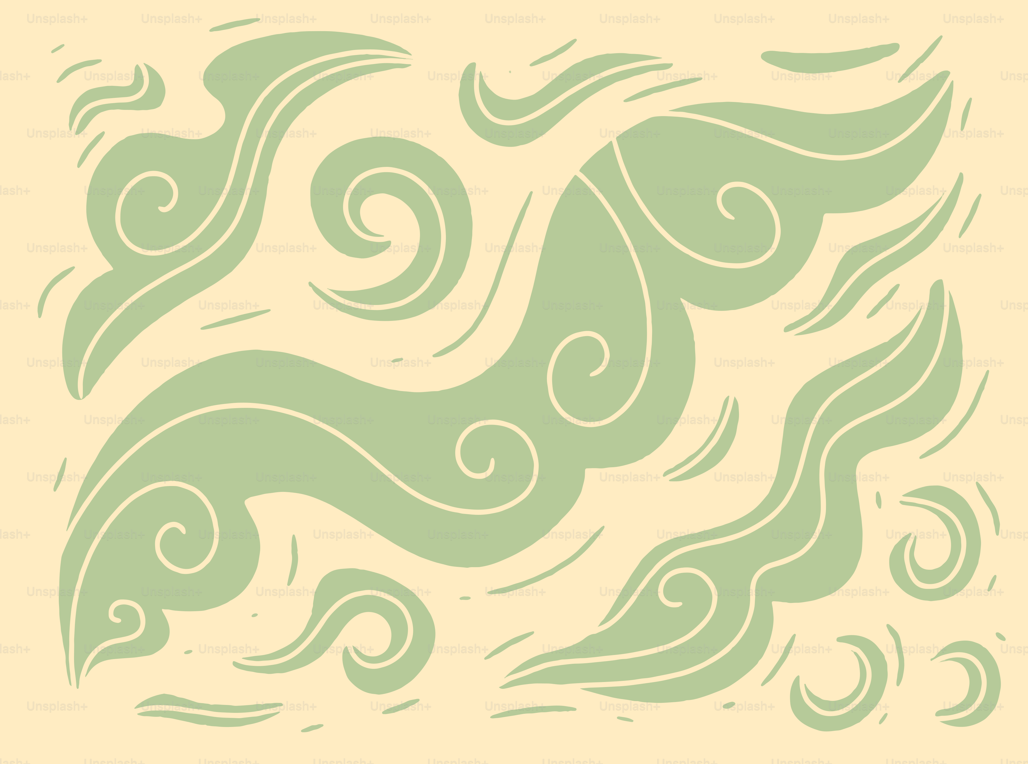 Abstract green swirls and curves on a cream background