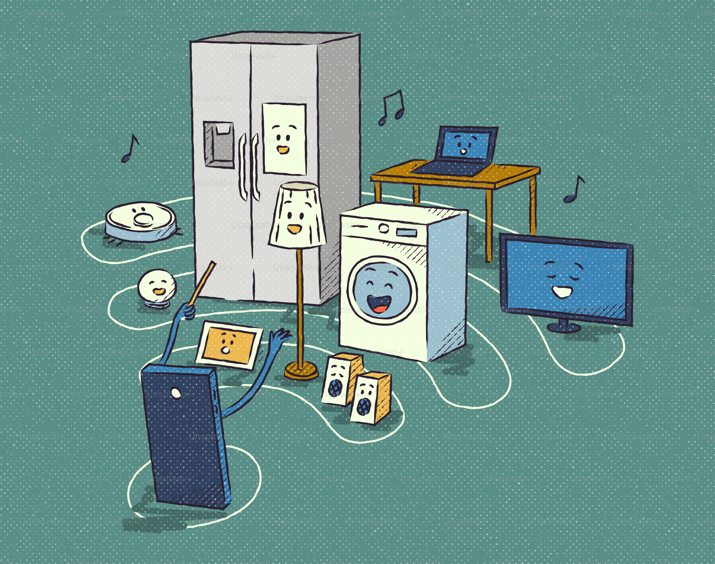 Smart-Home-Geräte sind verbunden und spielen Musik ab
