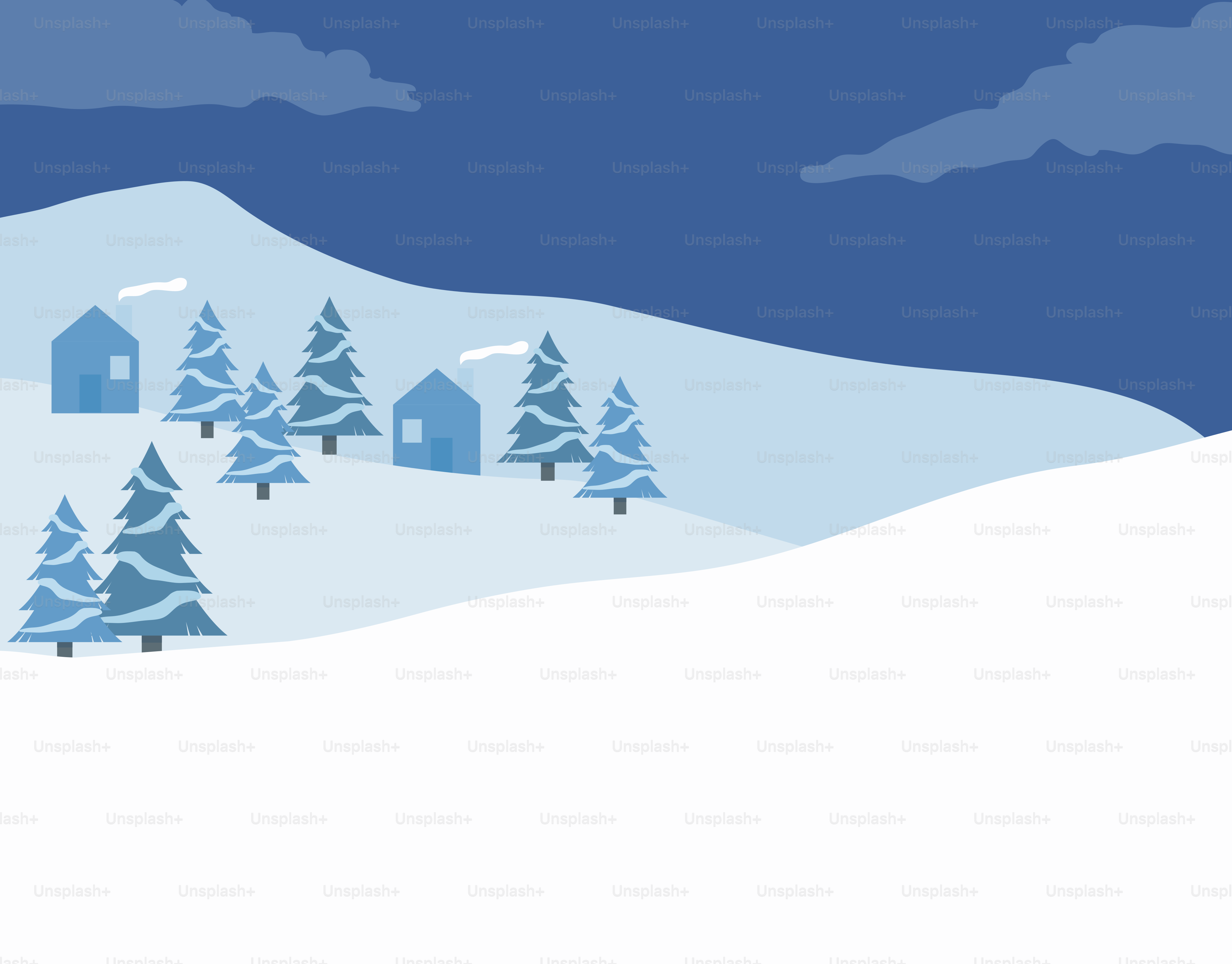 Snowy landscape with houses and evergreen trees.