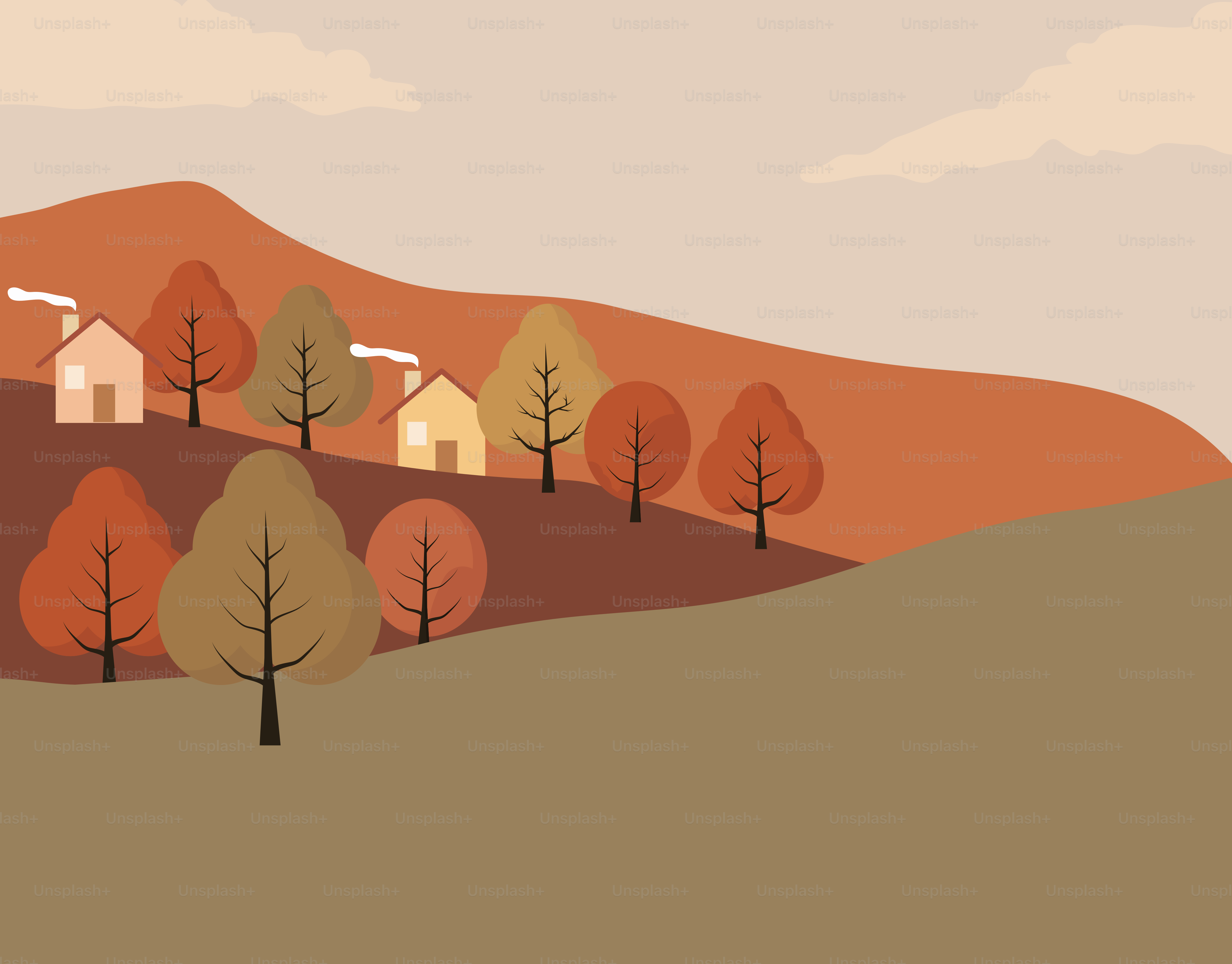 Autumn village nestled on a hillside with colorful trees