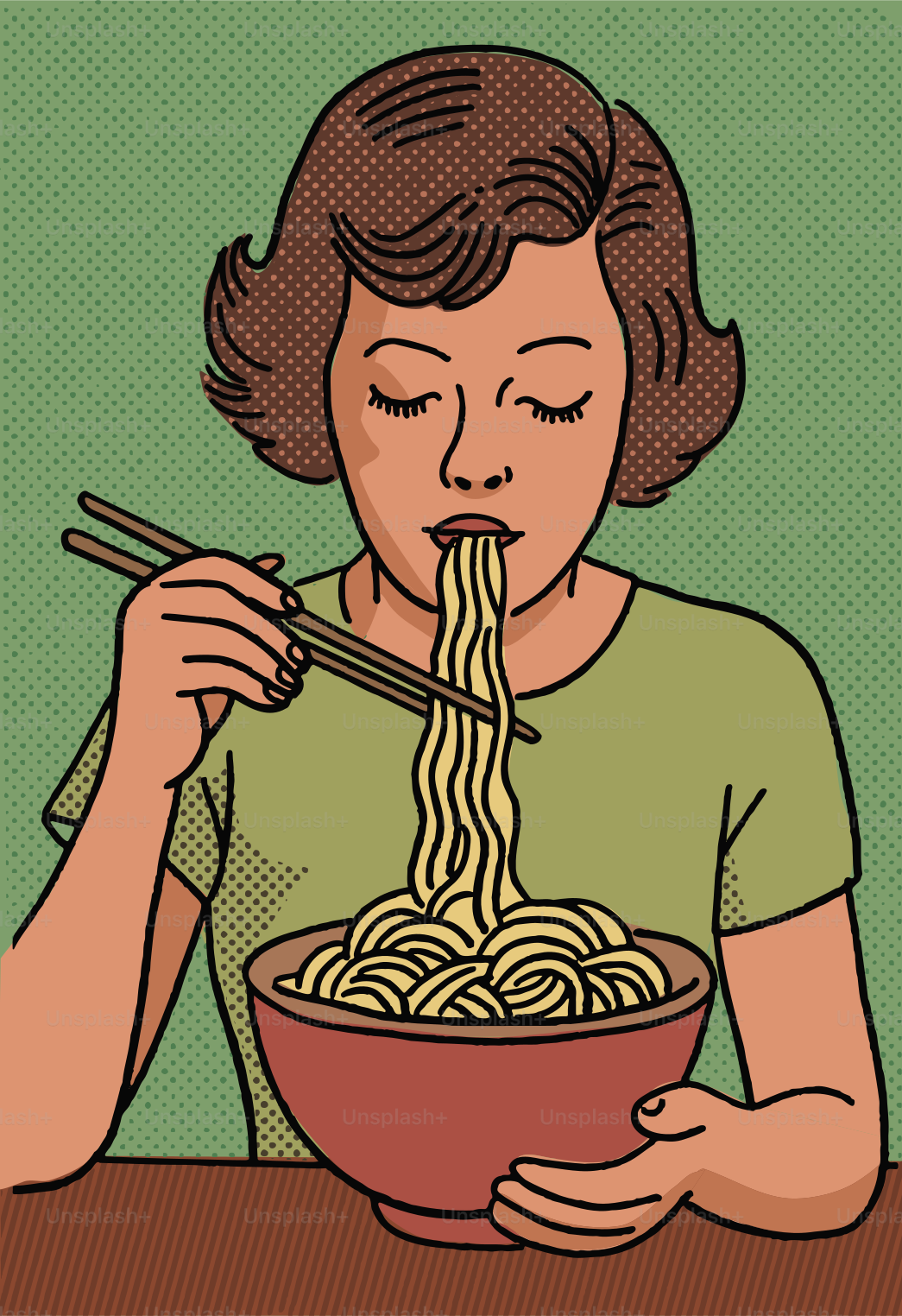 箸で丼から麺を食べる女性