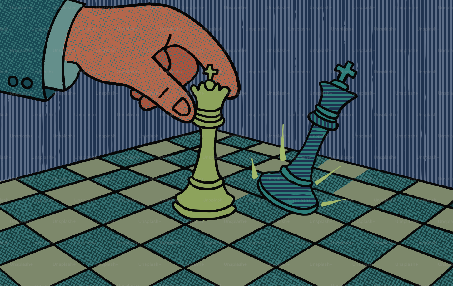 Hand moves chess piece over fallen opponent