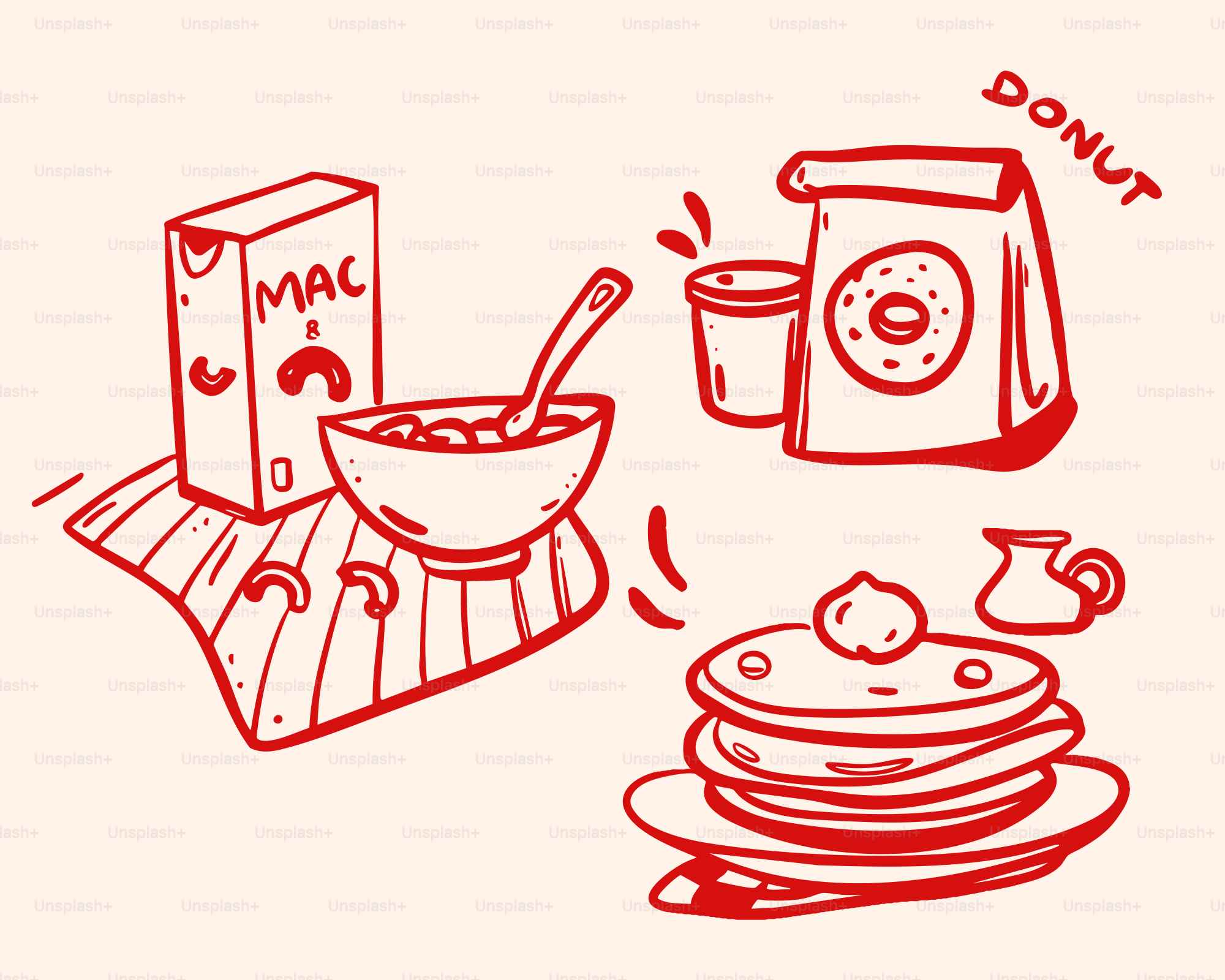 Macaroni, donut, and pancakes with syrup.