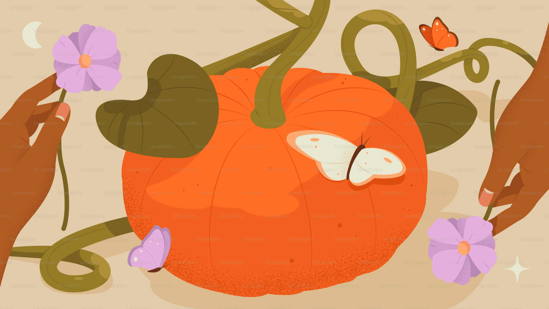 Hands decorating a pumpkin with flowers and butterflies