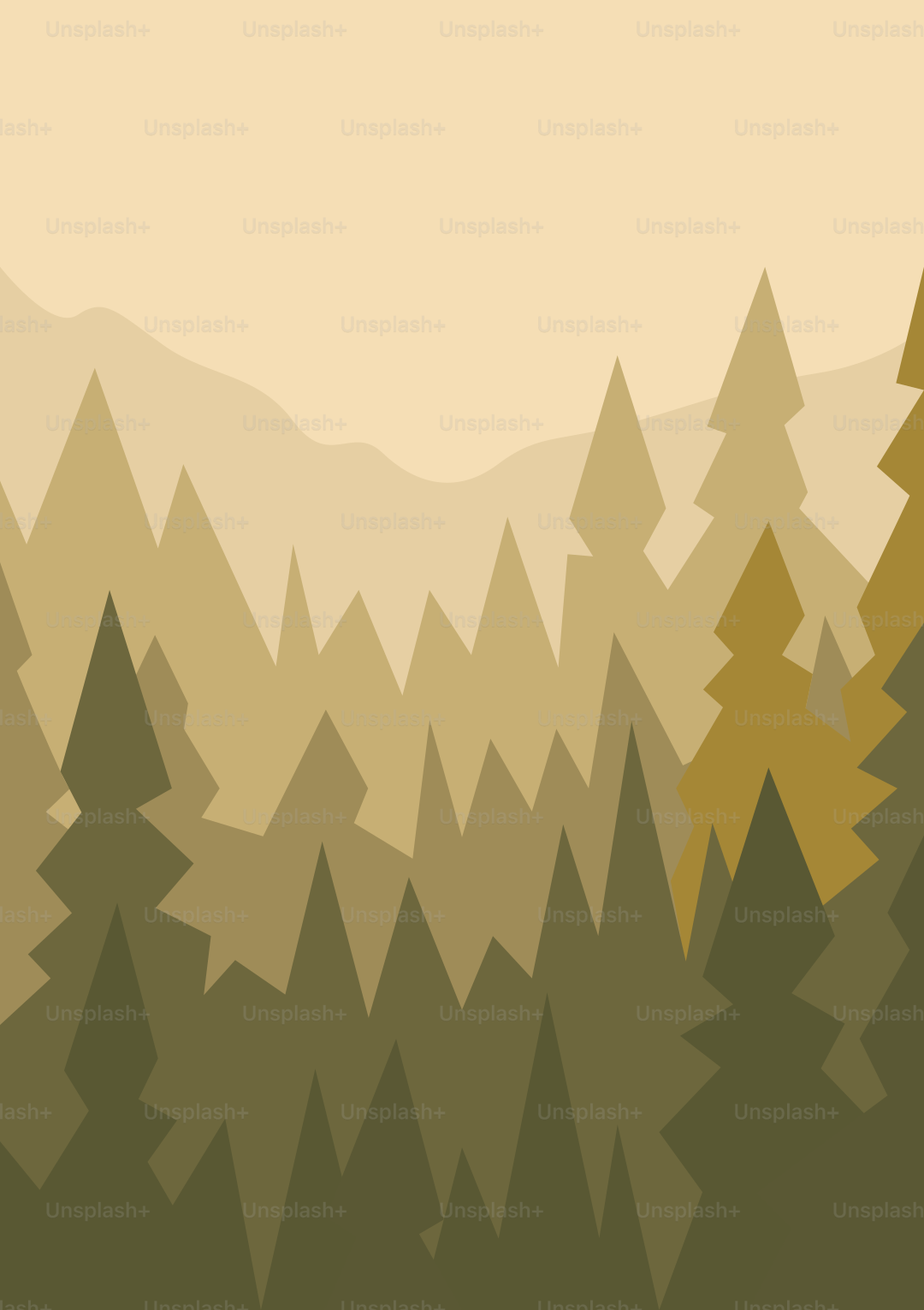 落ち着いた色調の重なる森林と山岳風景