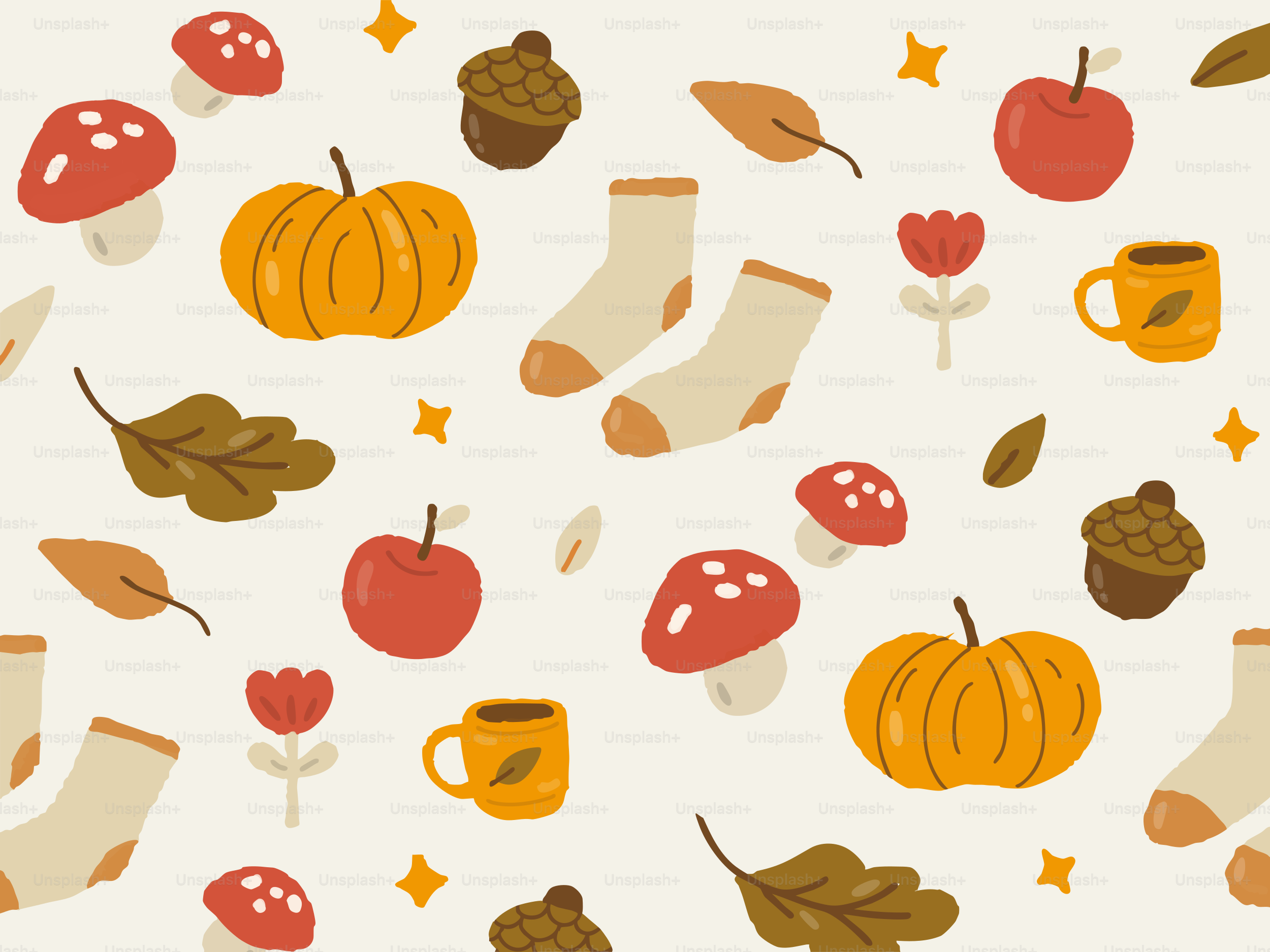 Autumn themed pattern with pumpkins, apples, and socks.