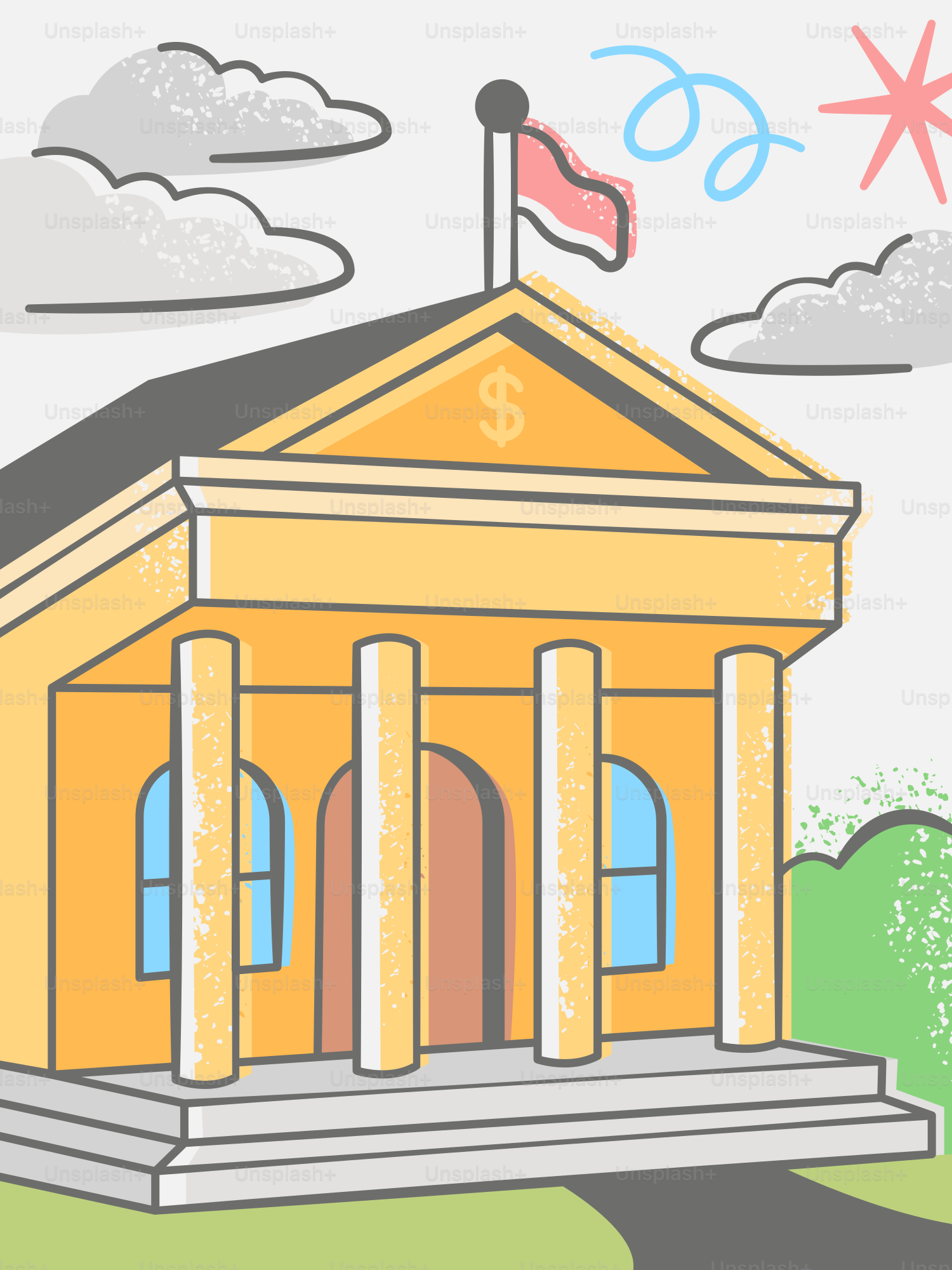 A stylized bank building with pillars and a flag.
