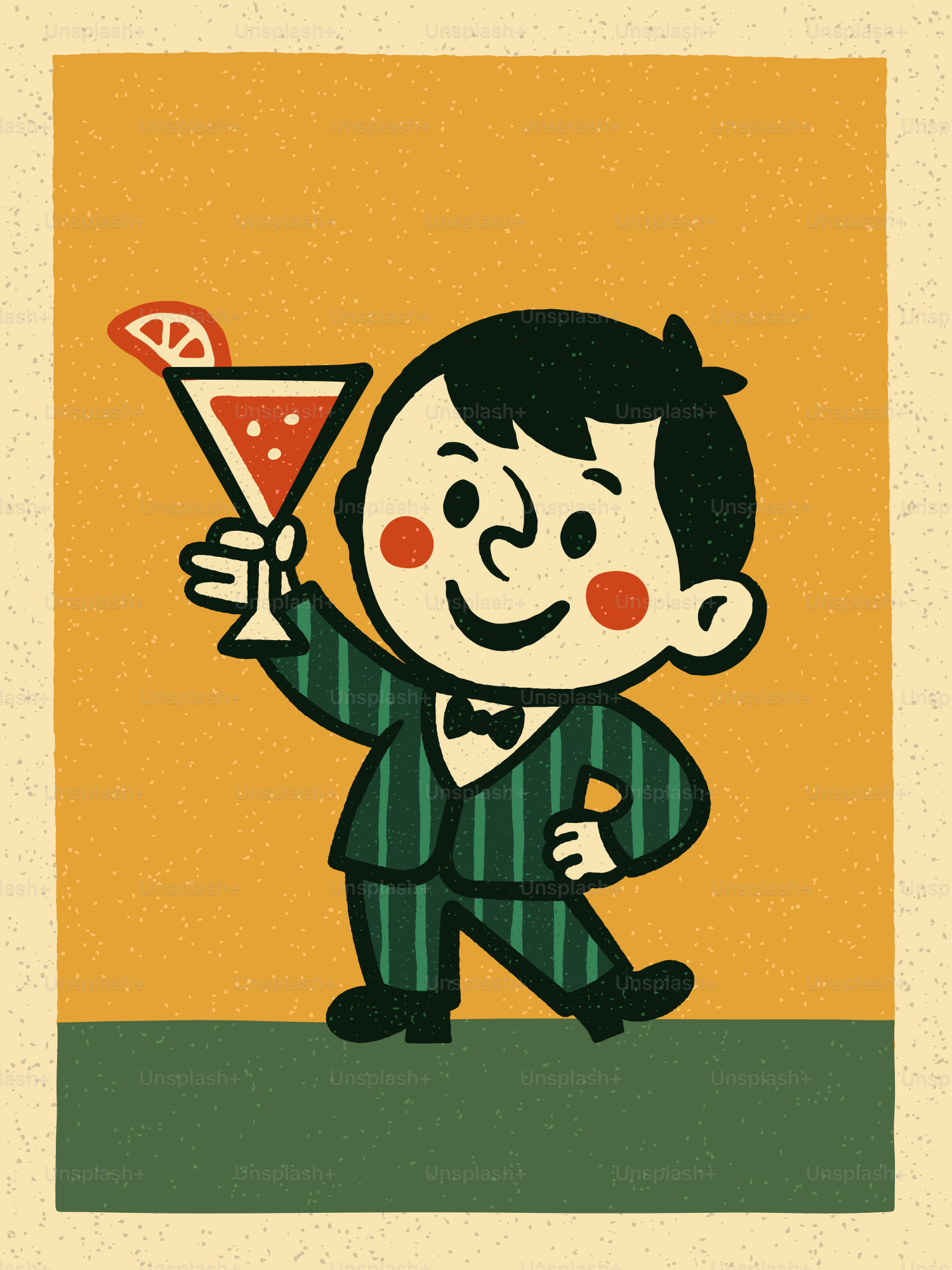 Cartoon-Mann im Anzug hält einen Cocktail