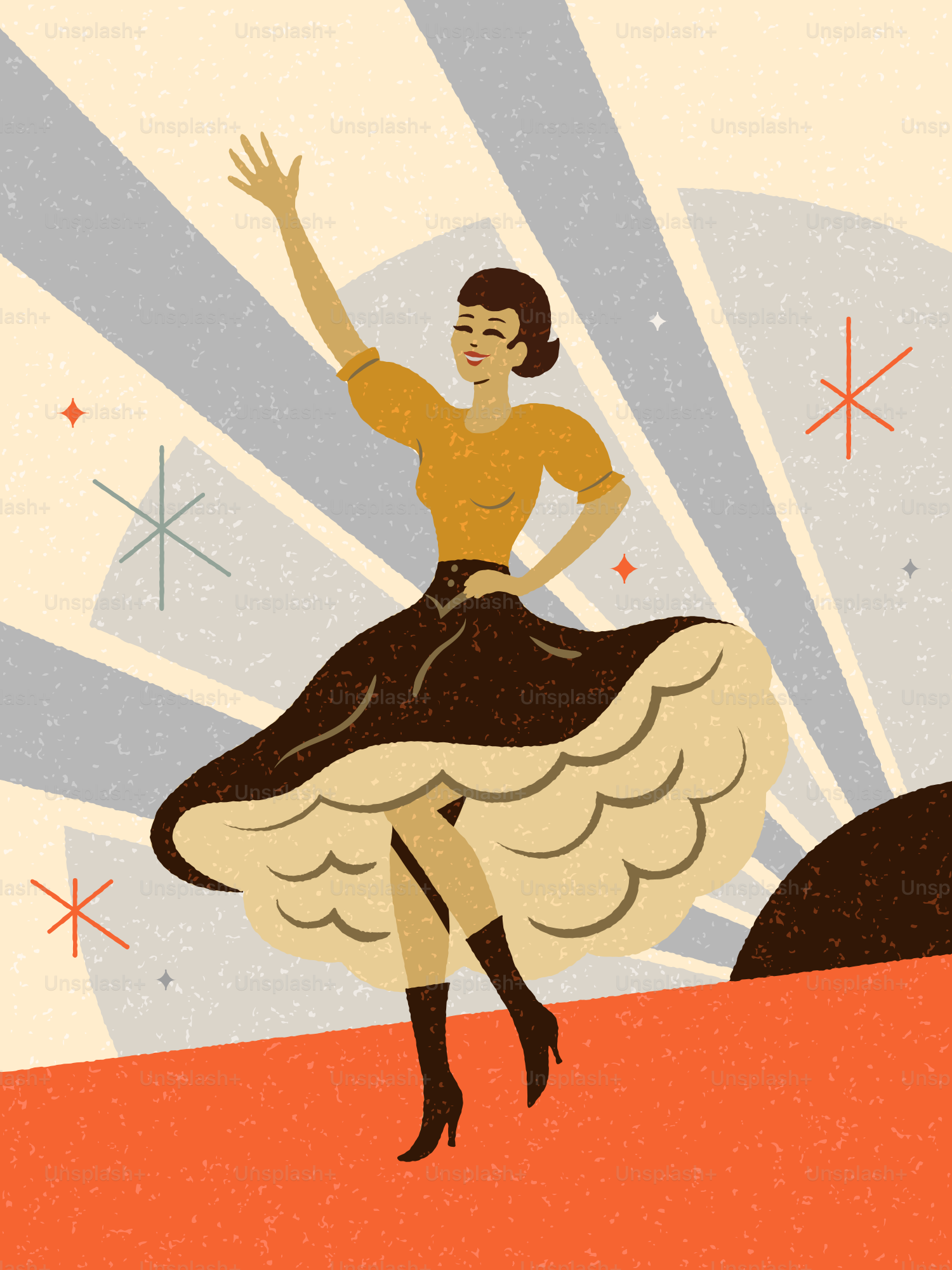 Mujer con vestido vintage bailando con los brazos en alto.