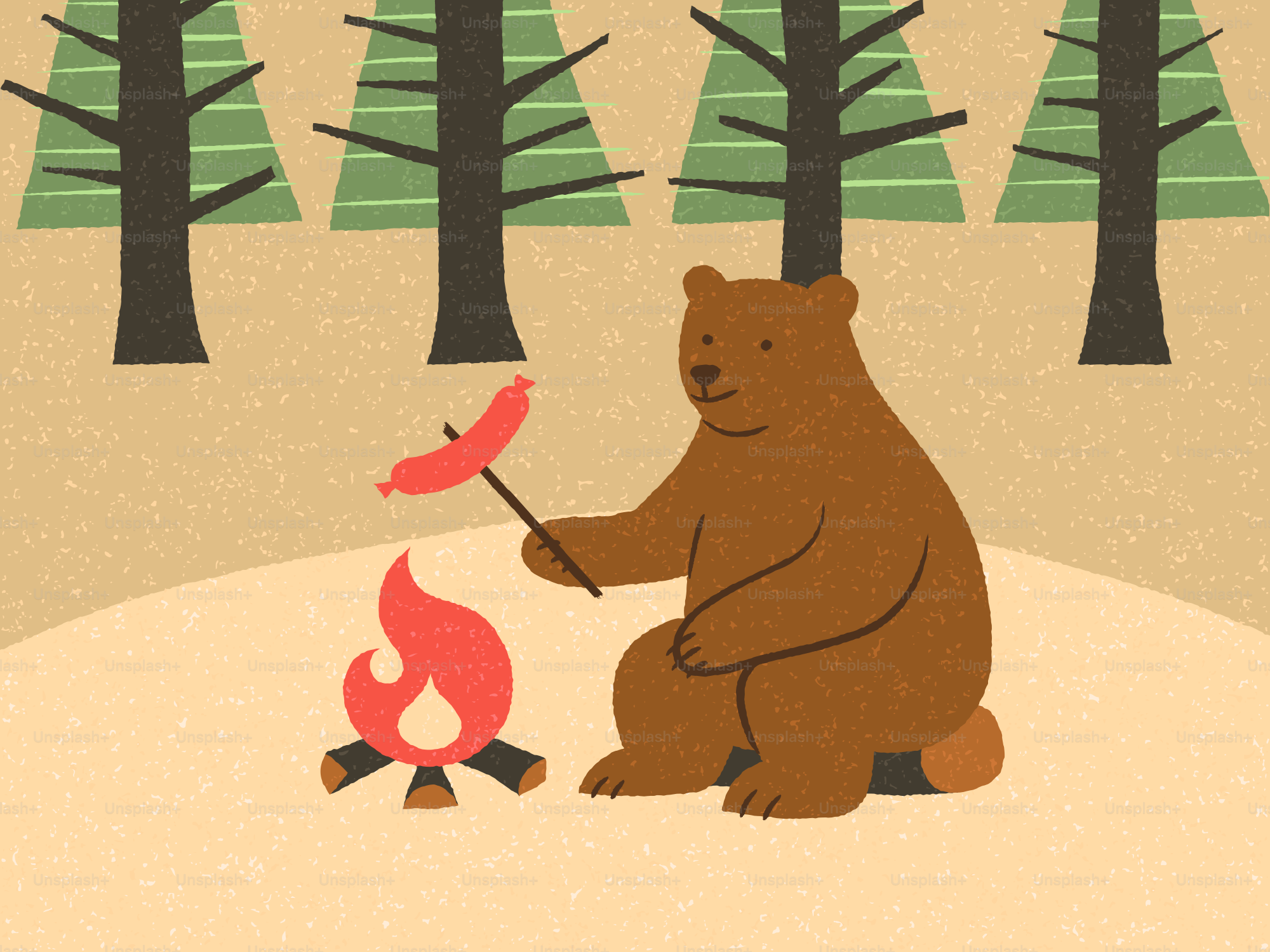 Bear roasting sausage over campfire in forest