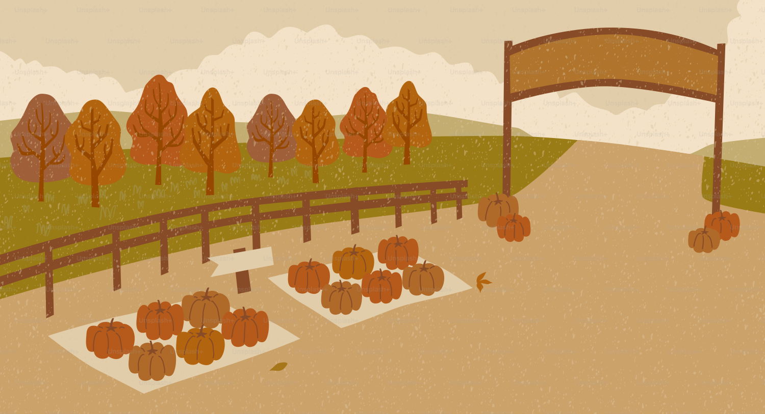 아치형 아래 호박과 나무가 있는 가을 풍경