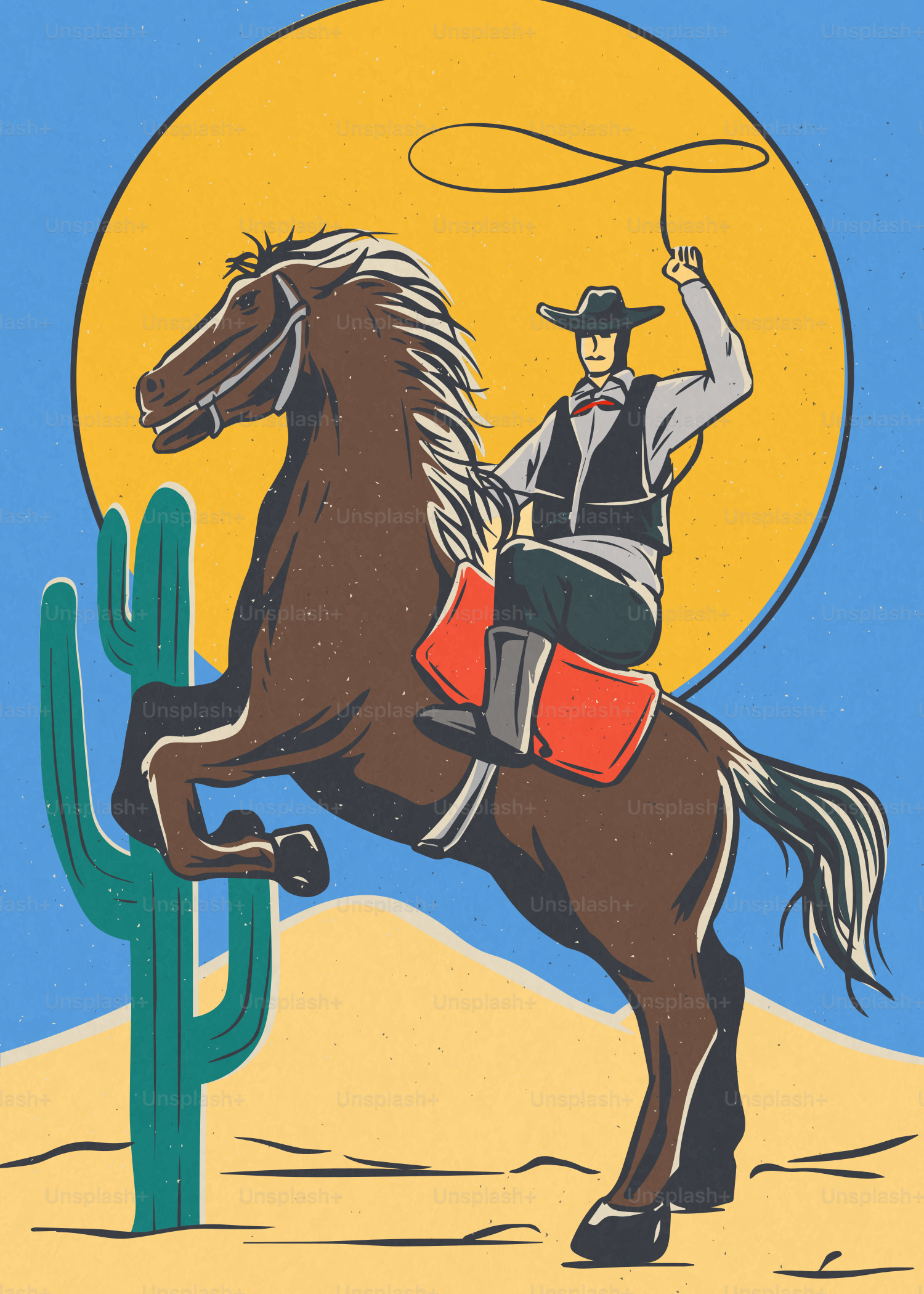 Cowboy auf aufsteigendem Pferd mit Lasso unter einer großen Sonne.