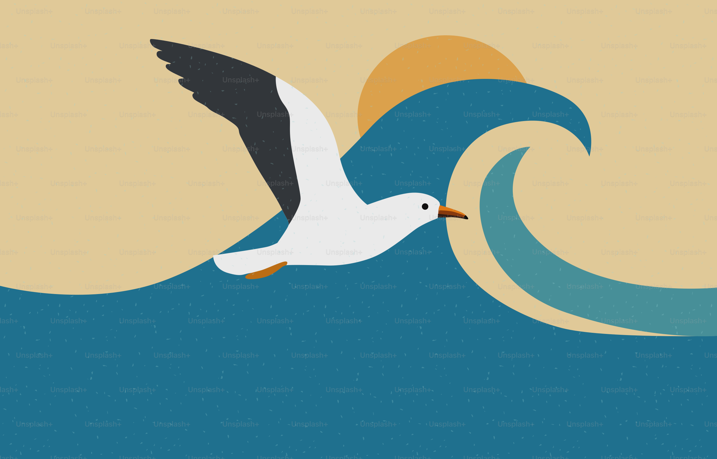 Gaivota voa sobre as ondas do oceano ao pôr do sol
