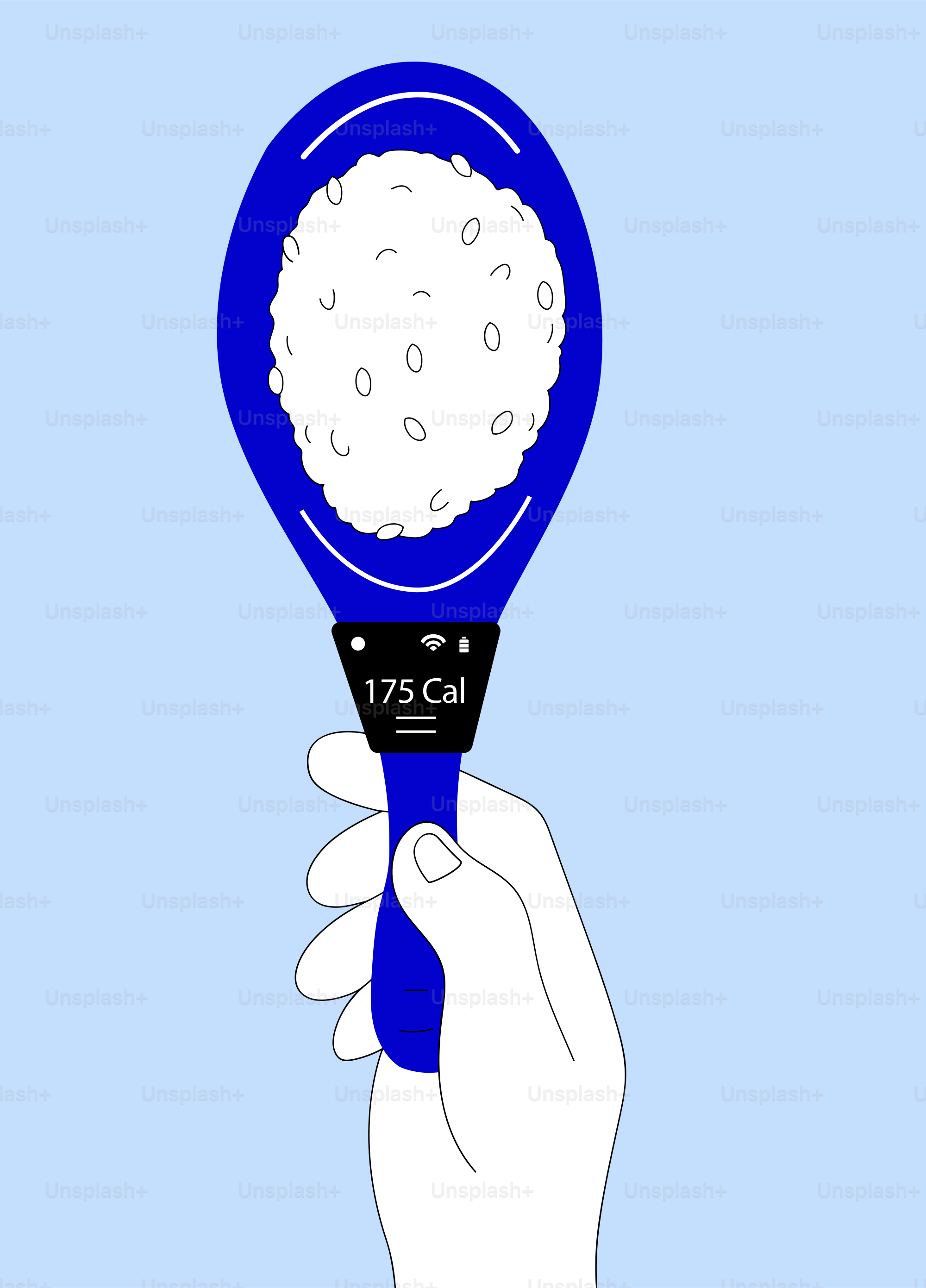 Hand holding a blue scoop of rice with calorie count.