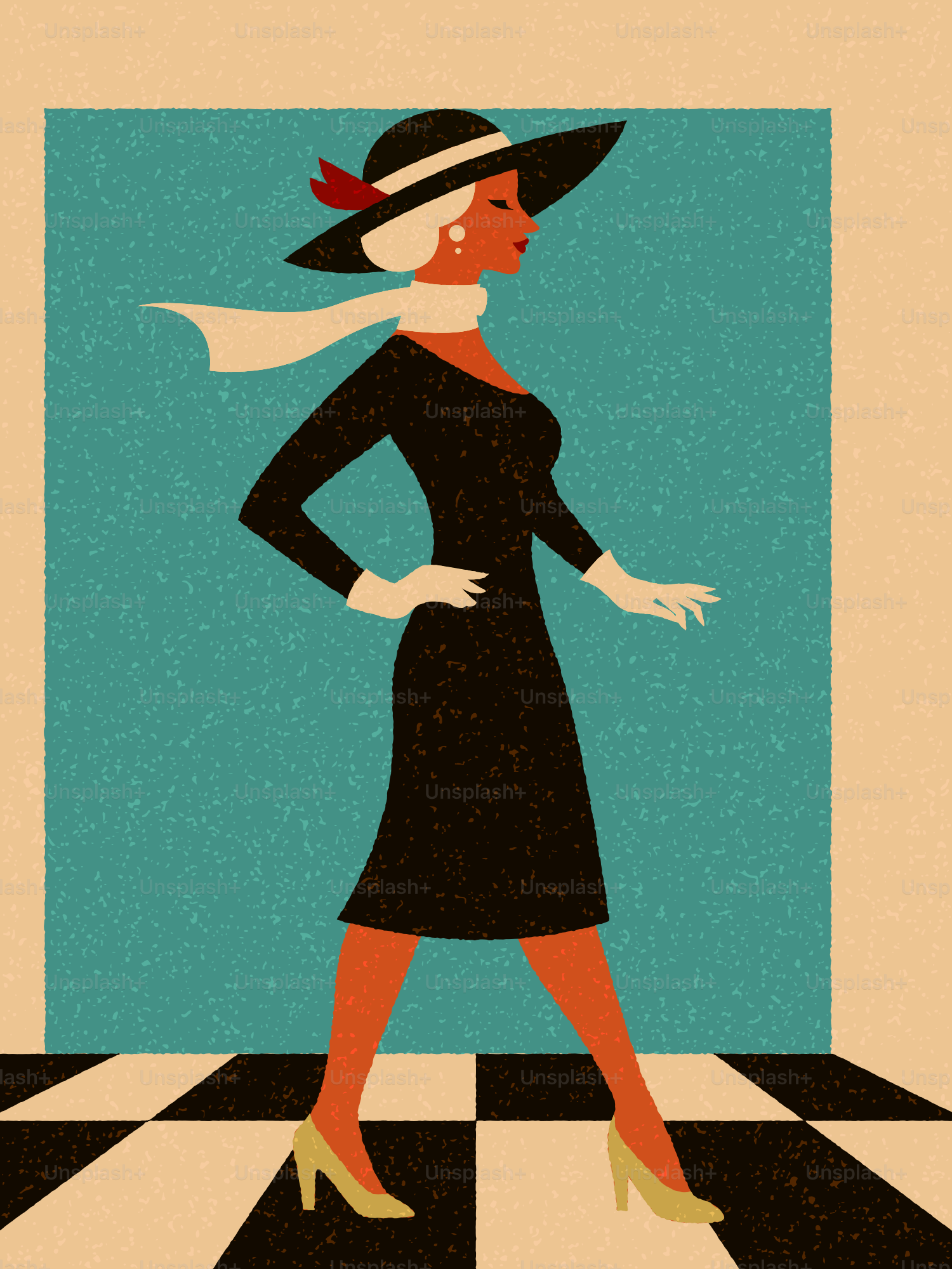 Woman in a black dress and hat walking
