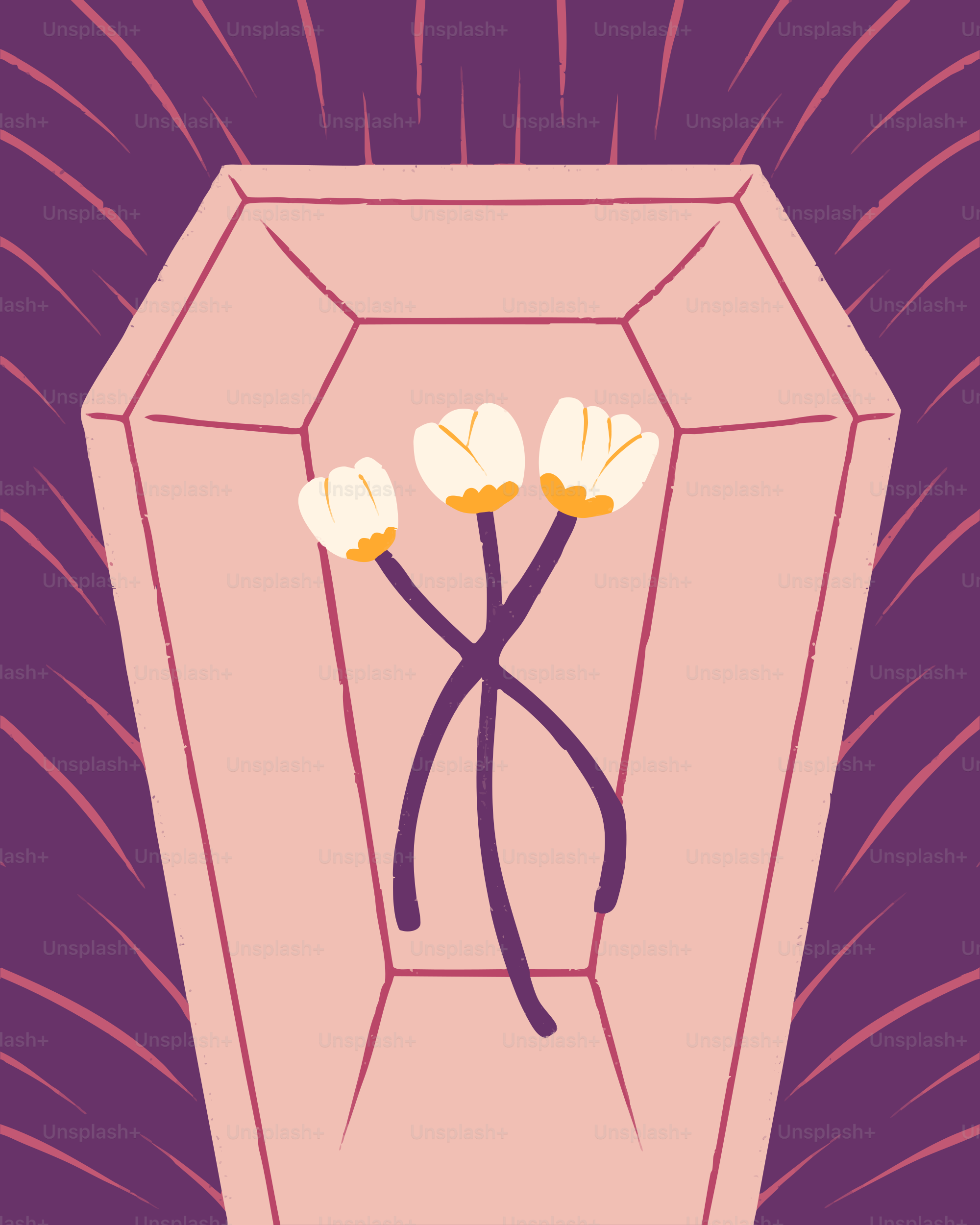 Three white flowers in an open coffin