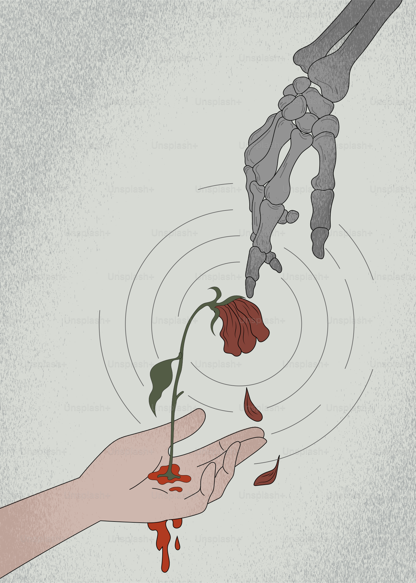 Skeleton hand reaches for dying rose in bloody hand