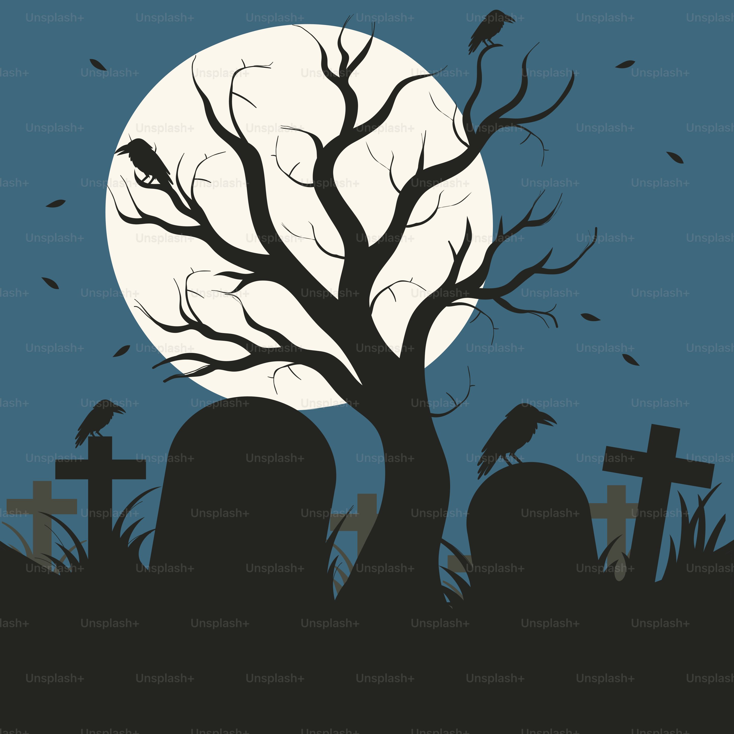 Cena assustadora de cemitério com corvos e lua cheia.