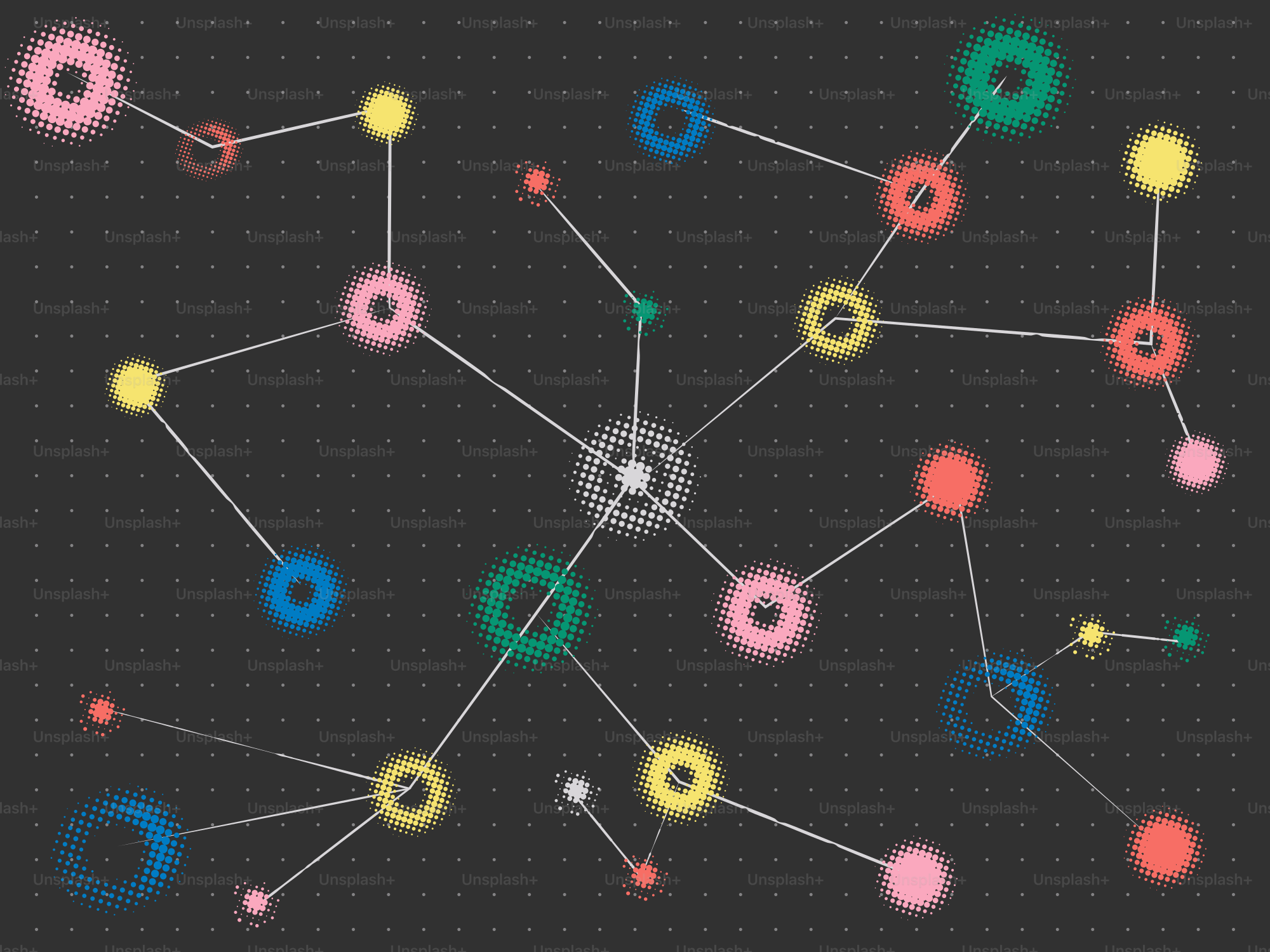 Colorful connected dots on a dark background