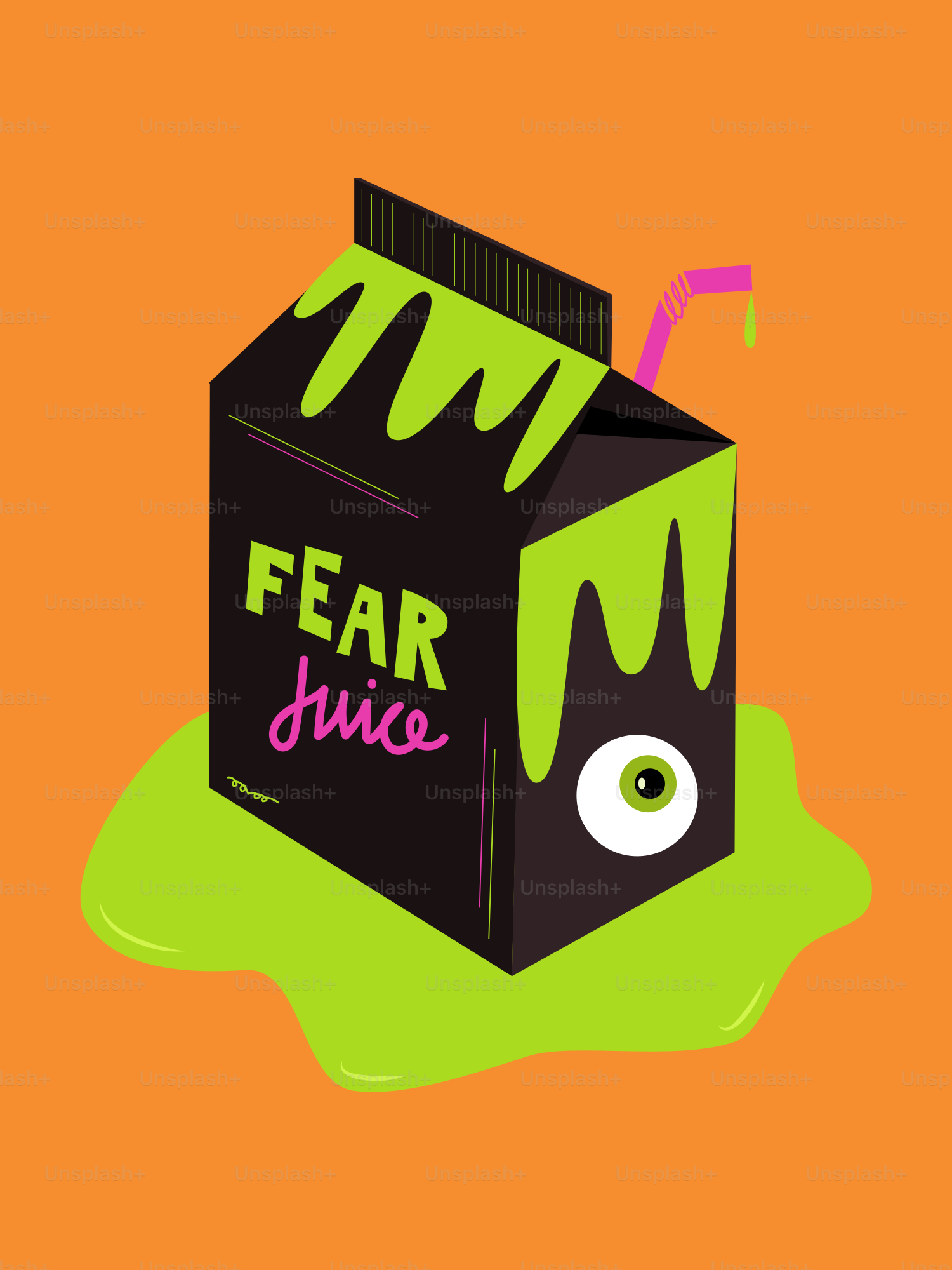 Eine Packung "Angstsaft" mit einem Auge und tropfendem grünem Schleim.