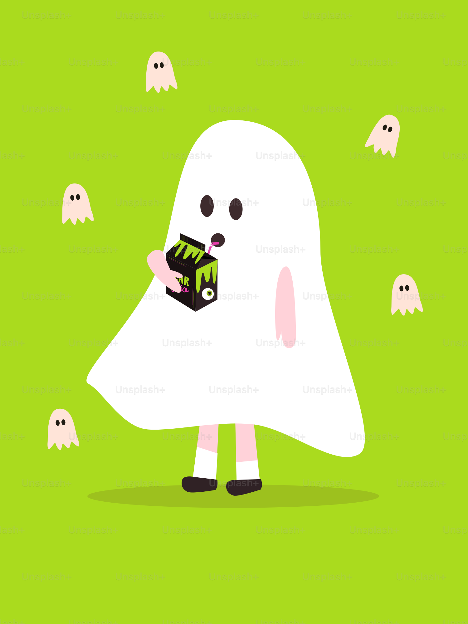 A child in a ghost costume holds a spooky juice box.