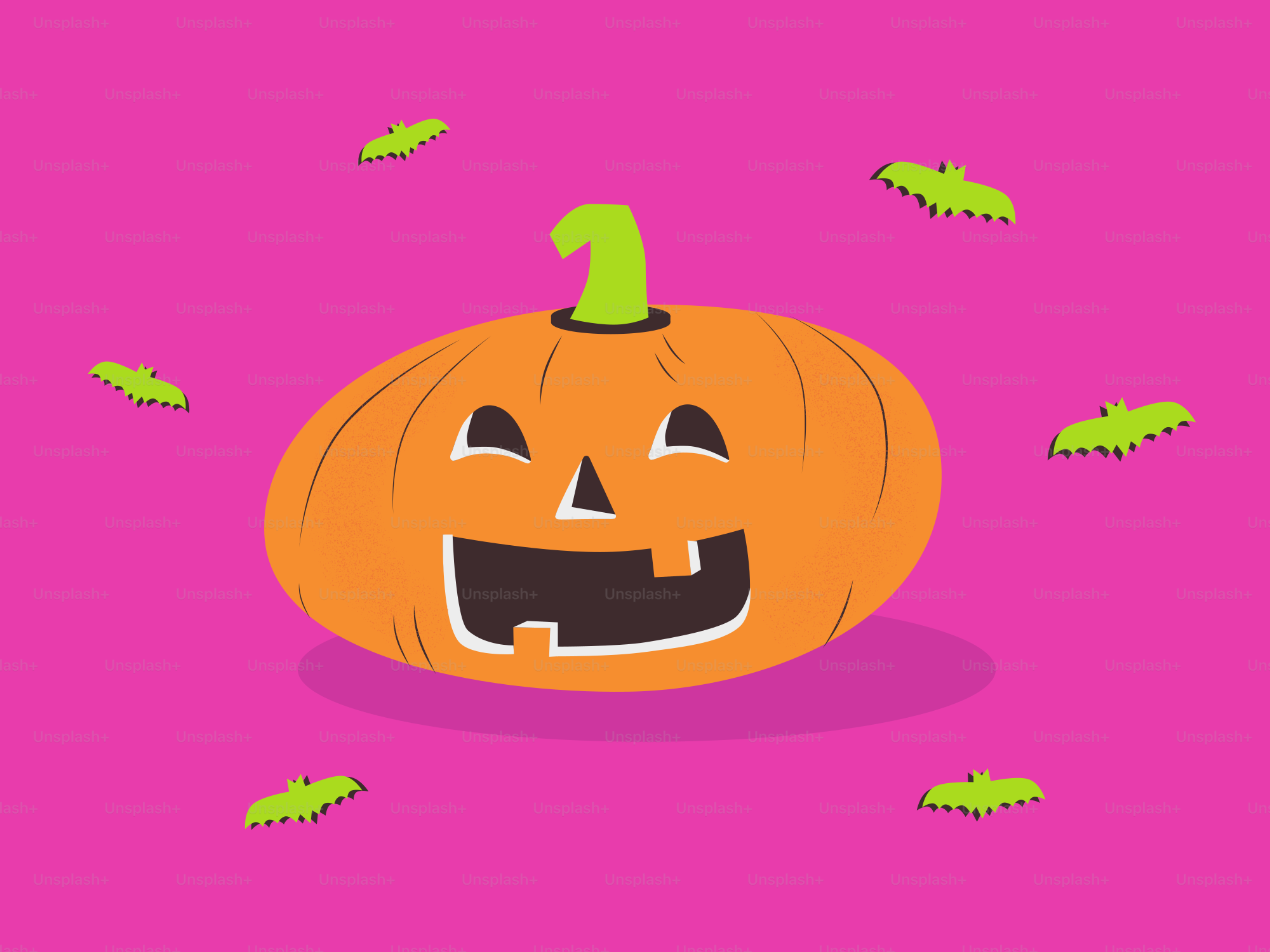 A smiling jack-o'-lantern with bats on pink background