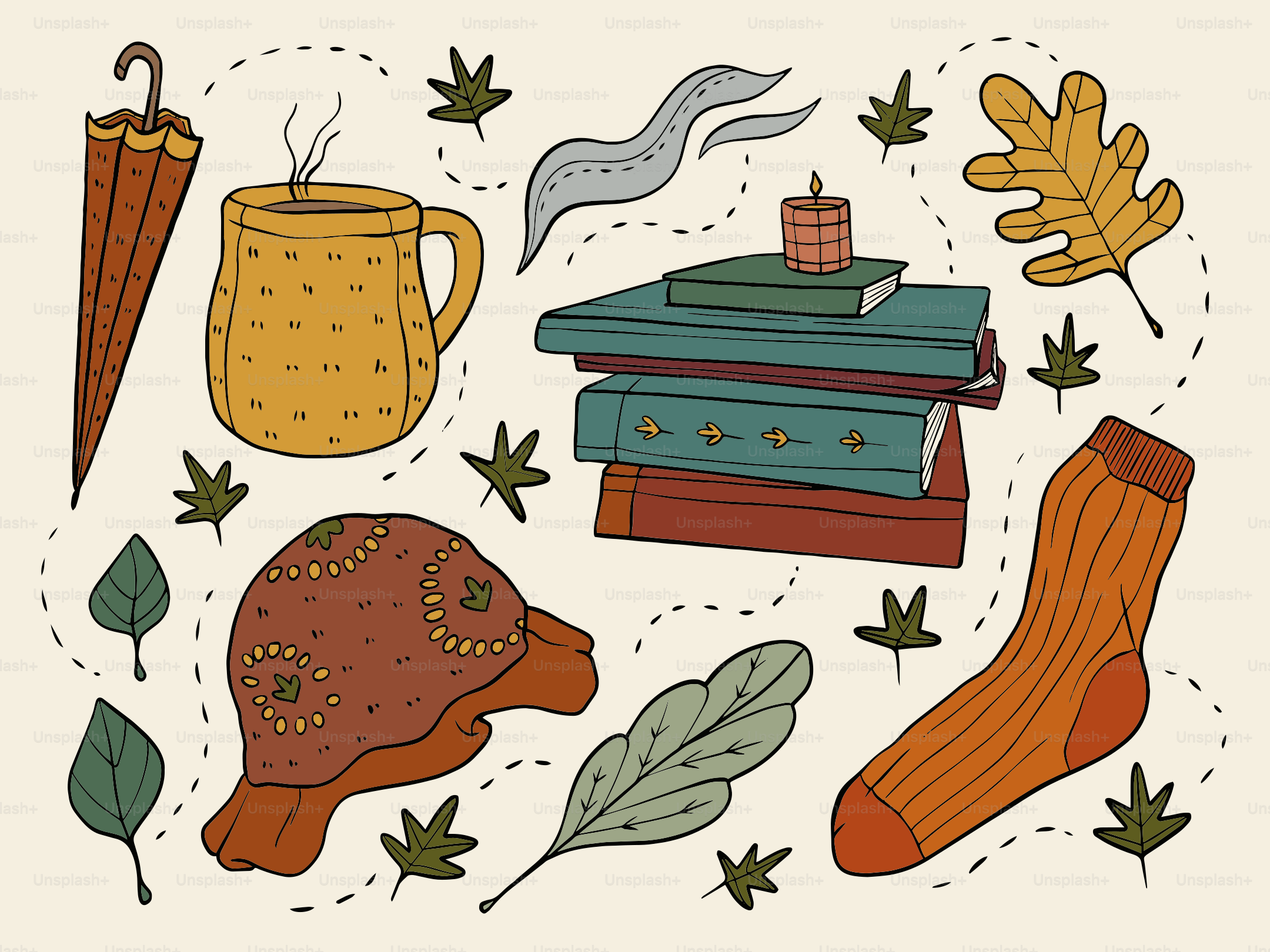 Oggetti autunnali e confortevoli tra cui ombrello, tazza, libri e calzini.