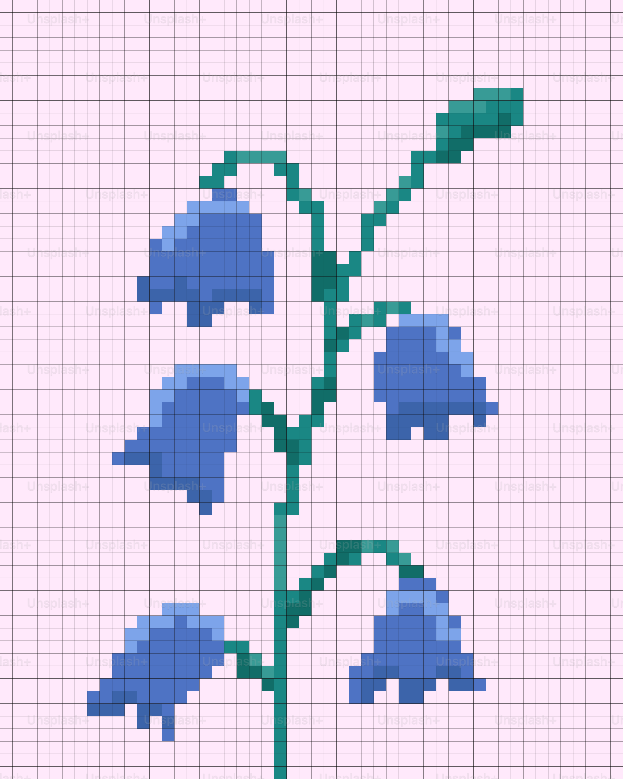 Pixel art bluebells on a pink grid background