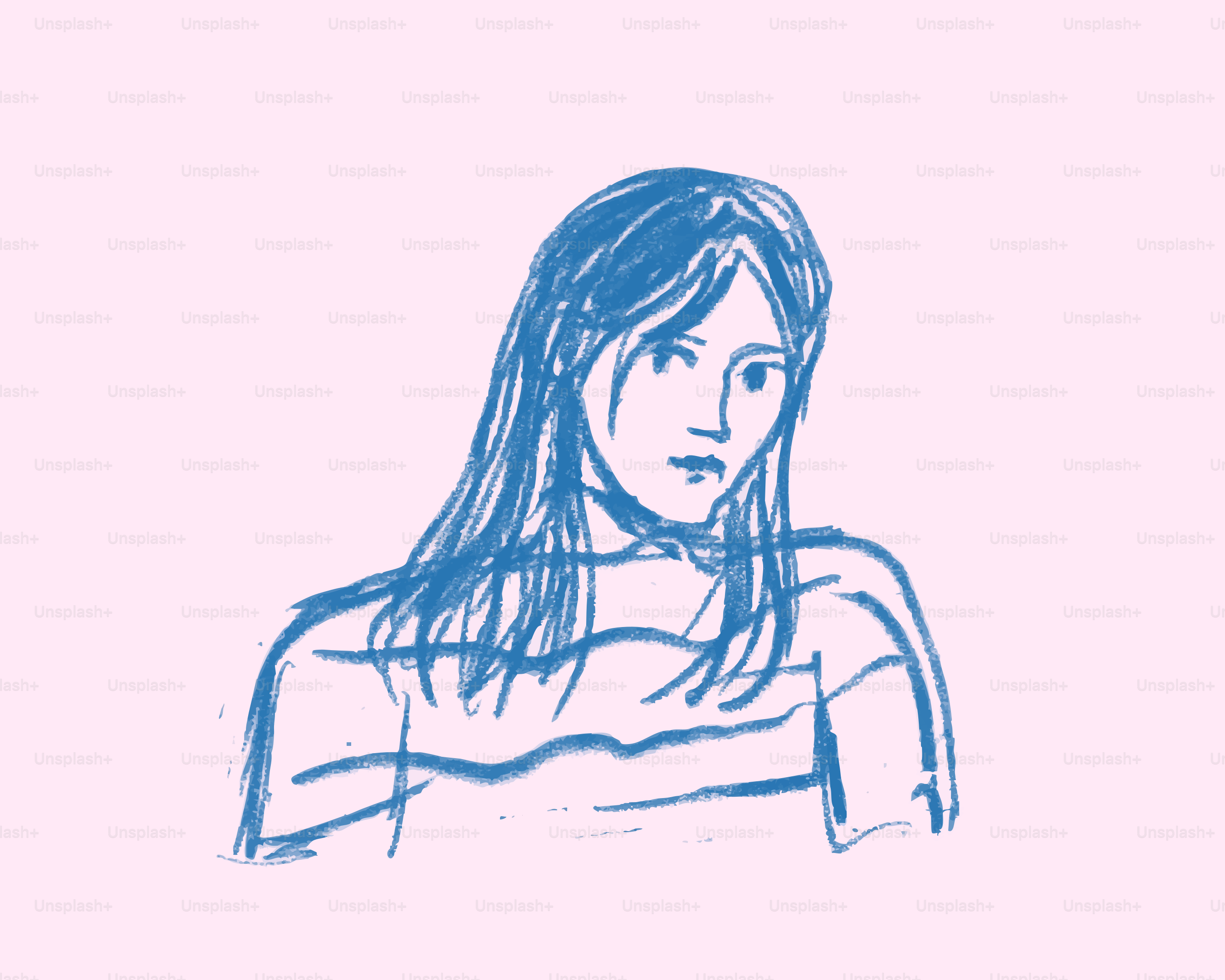 Sketch of a woman with long blue hair