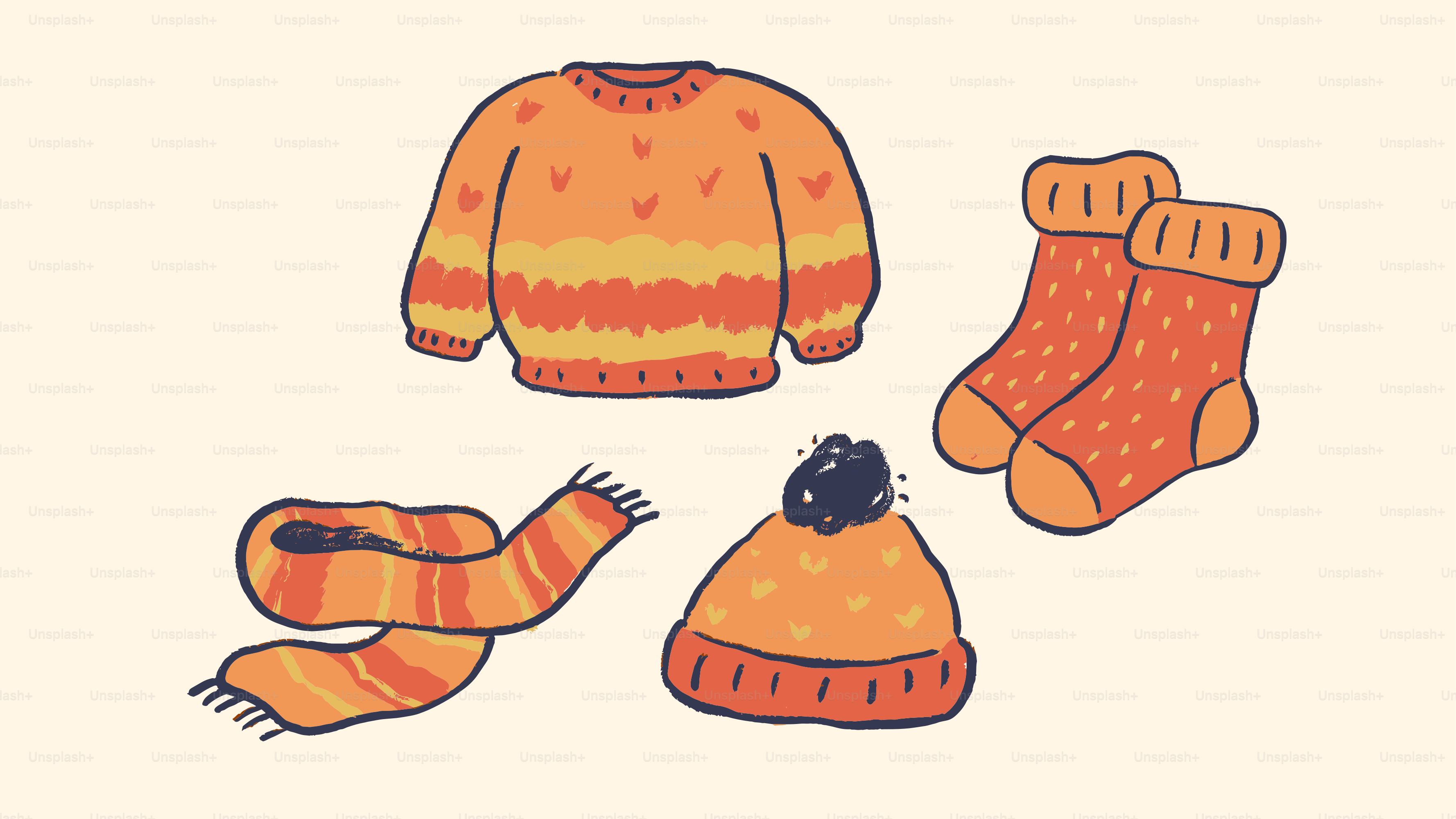Orange knitted winter clothing set with hat and socks