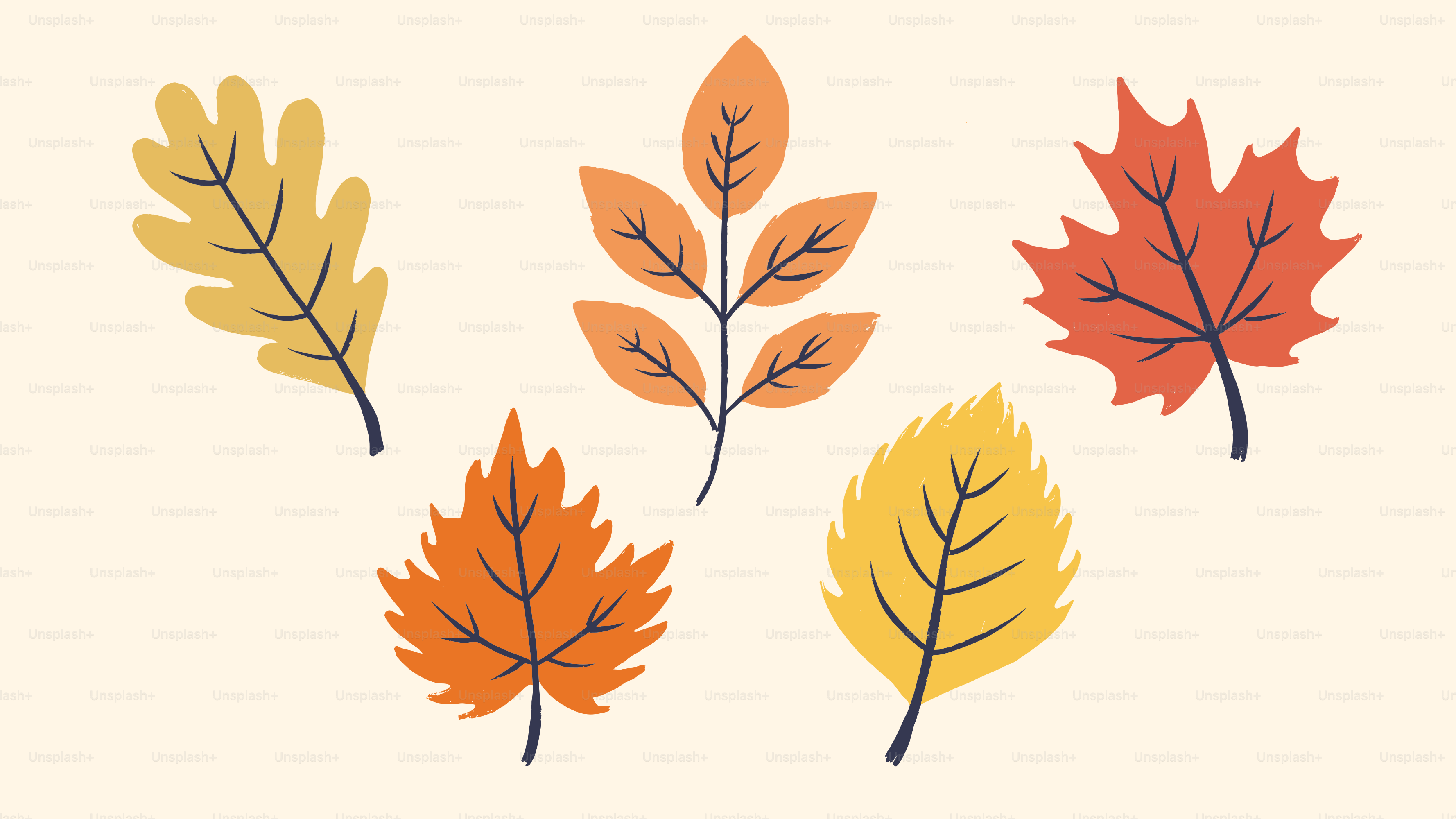 Cinco coloridas hojas otoñales sobre un fondo crema